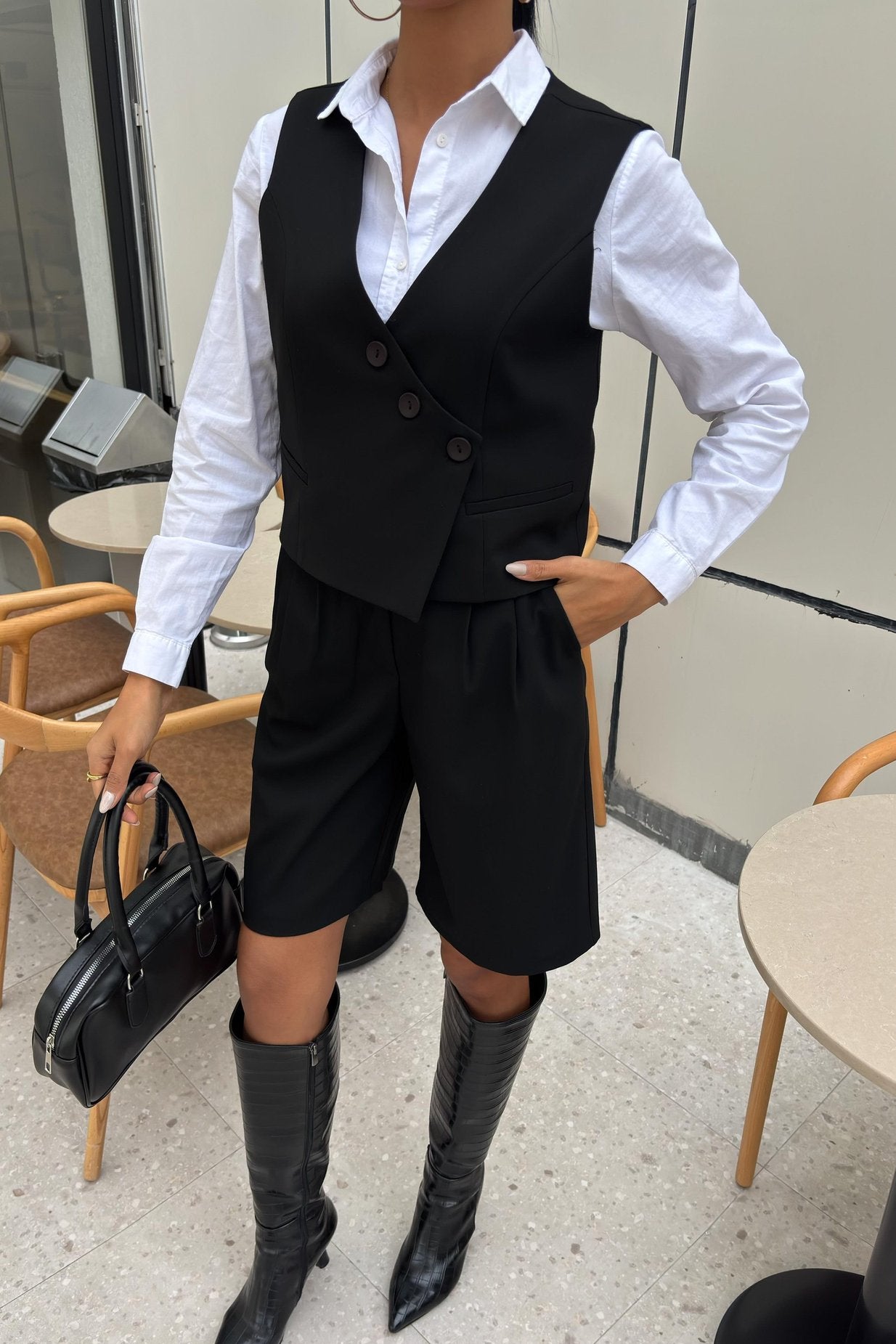 Vest Suit with Cross Buttons and Bermuda Shorts Black