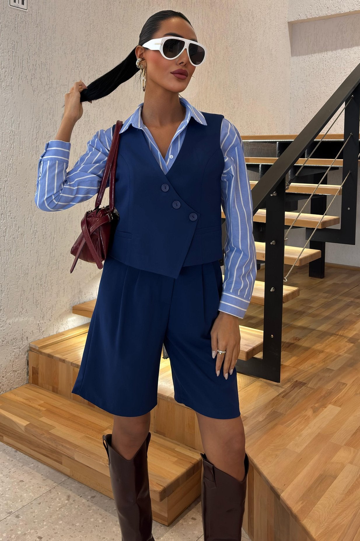 Vest Suit with Cross Buttons and Bermuda Shorts Blue