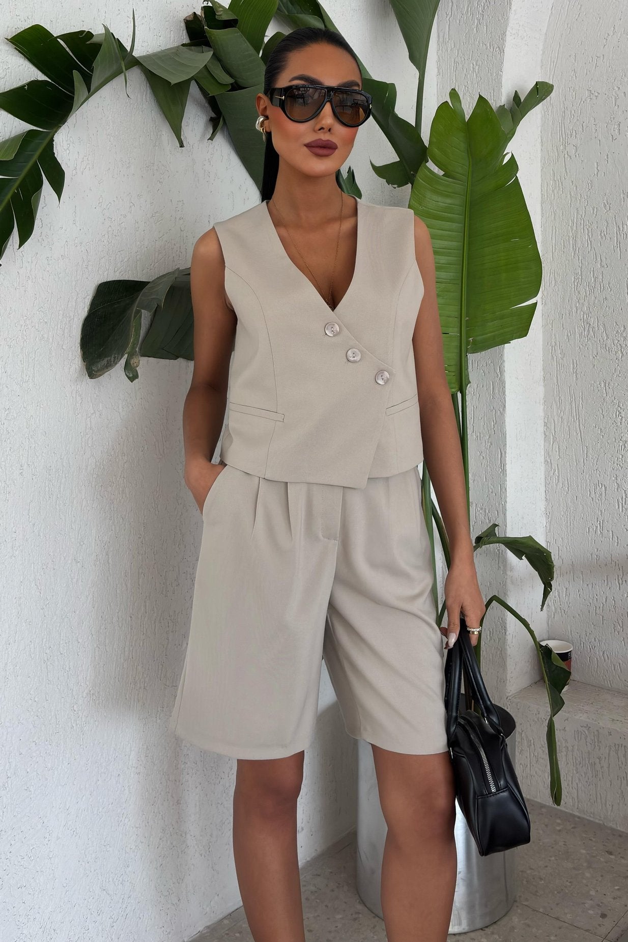 Vest Suit with Cross Buttons and Bermuda Shorts