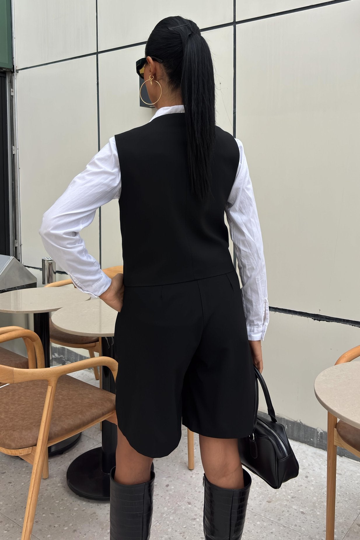 Vest Suit with Cross Buttons and Bermuda Shorts Black