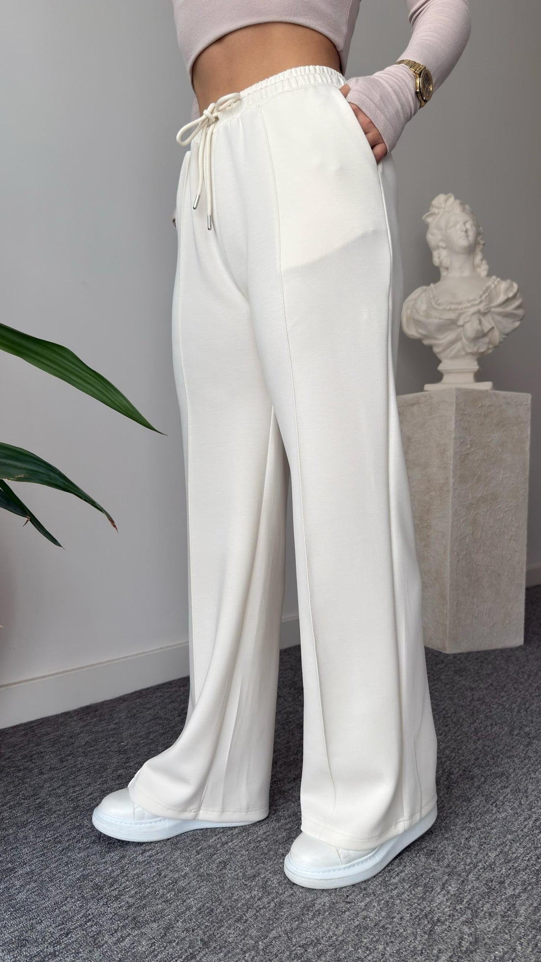 Çimalı Oys Elastic Waist Ecru Modal Trousers