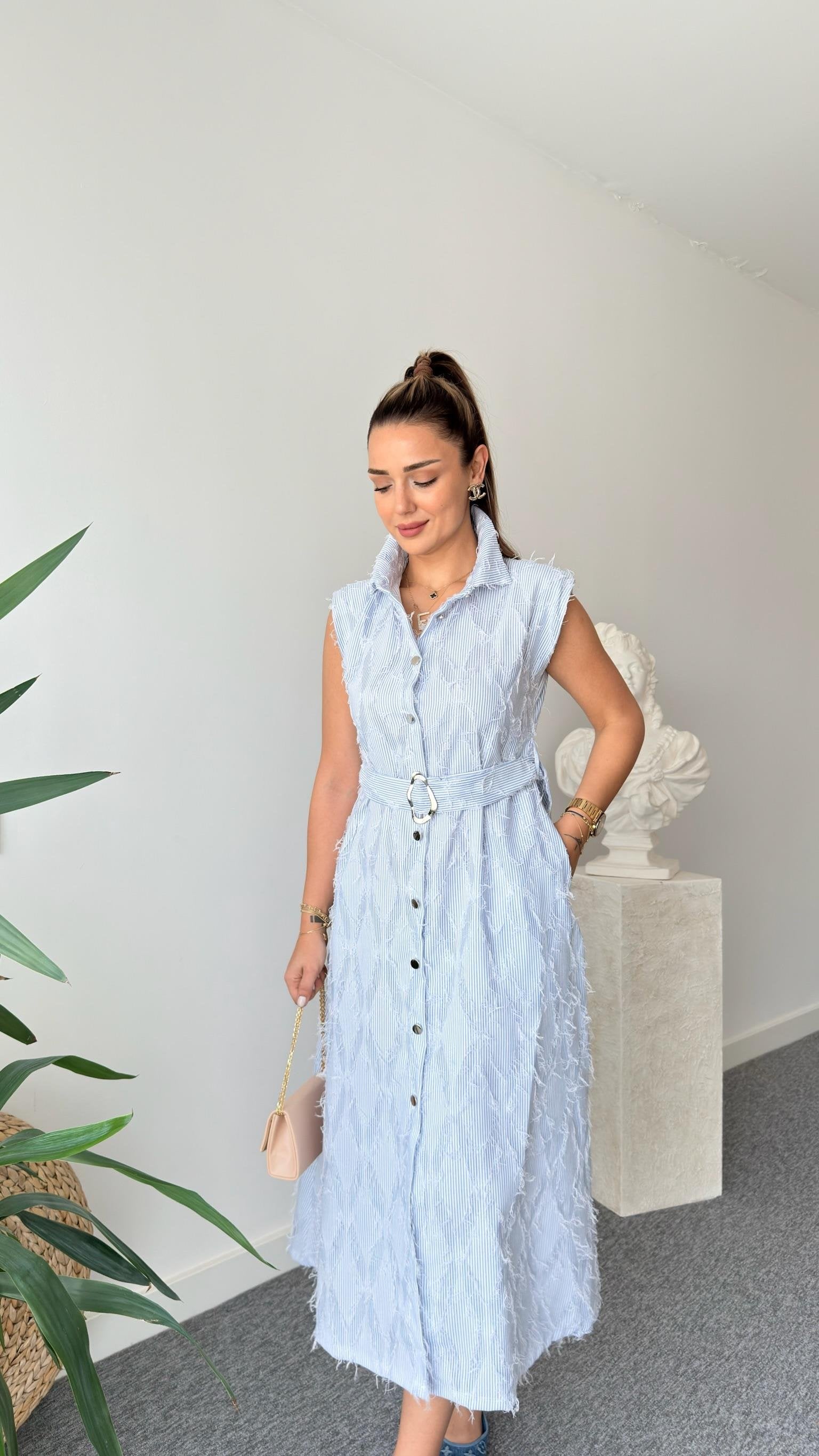 Maria Shoulder Padded Tassel Shirt Dress