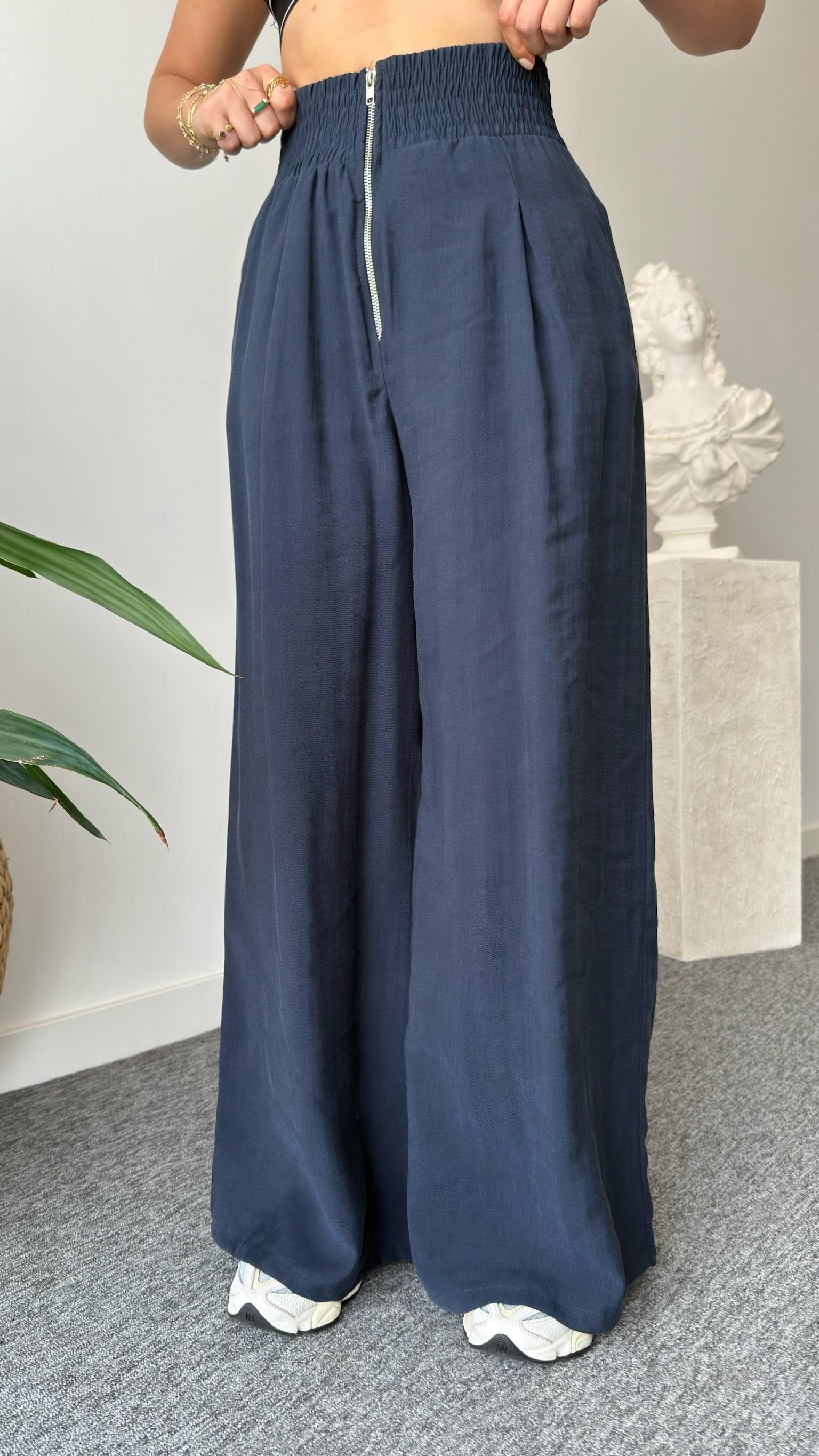 Navy Blue Zipper Detailed Tencel Suit