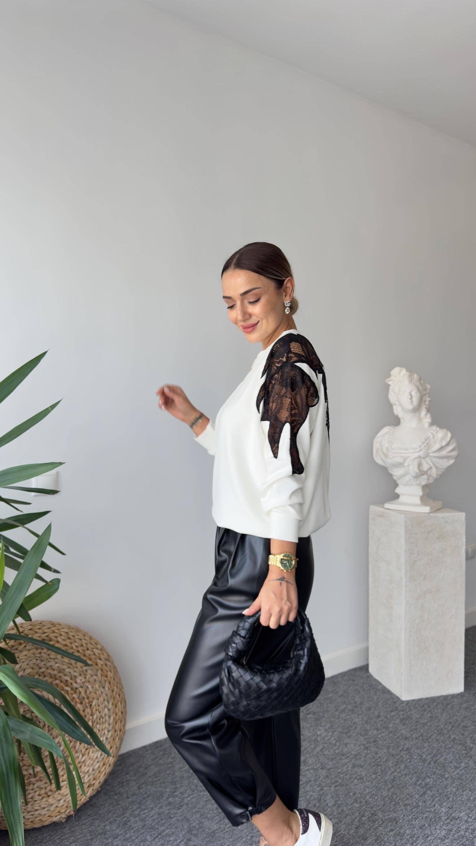 Laser Guipure Embroidered White Modal Sweater