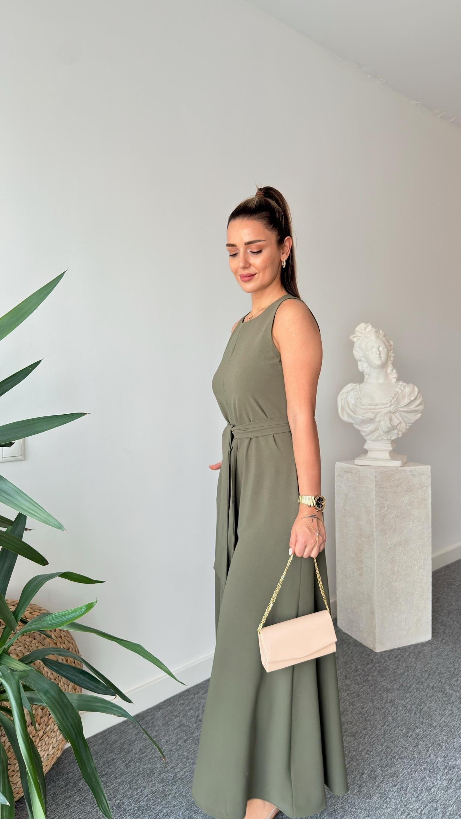 Carta Belted Khaki Wide Leg Jumpsuit