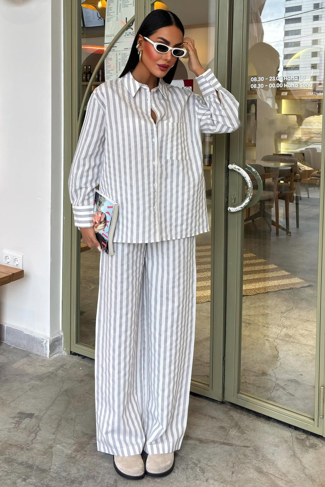Casual Striped Suit with Pocket Detail Silver