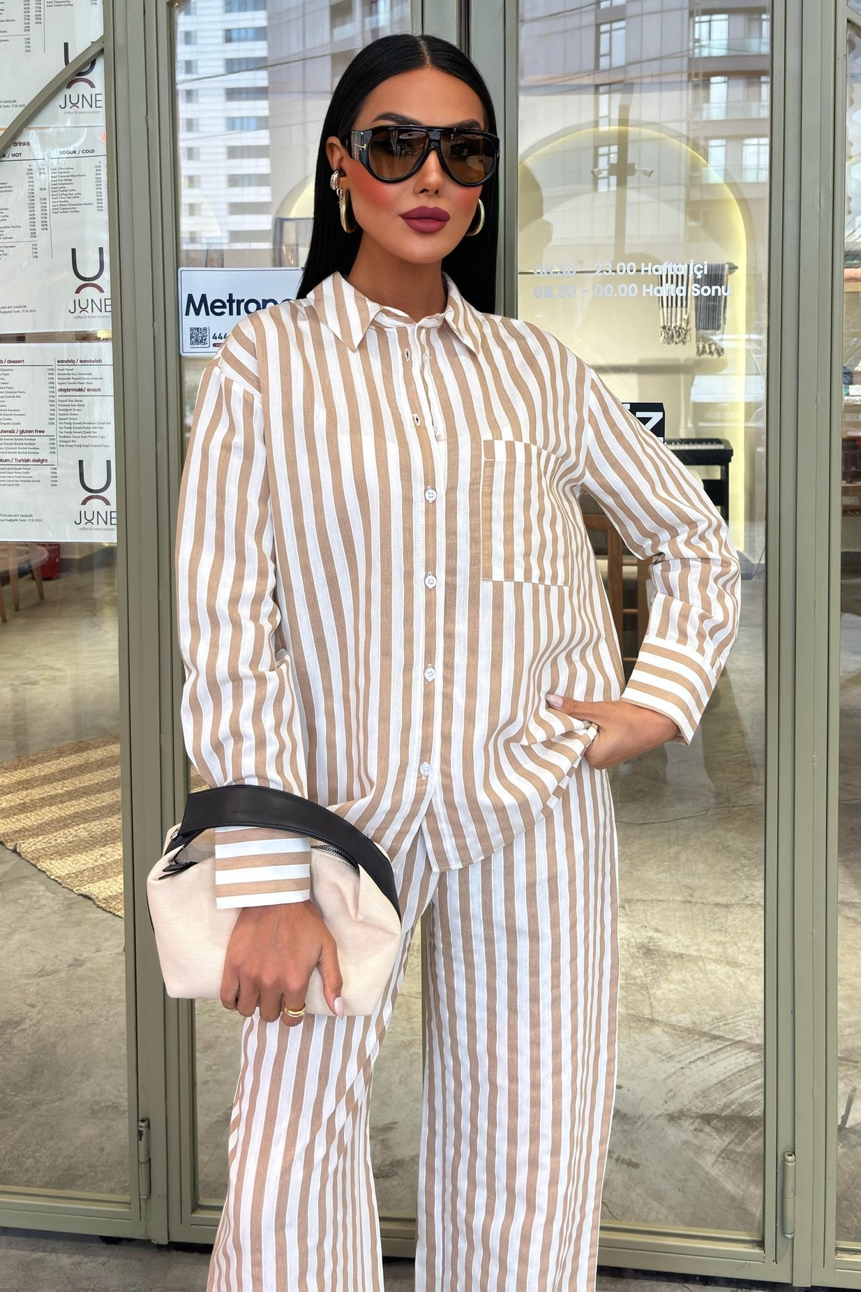 Casual Striped Suit with Pocket Detail yellow