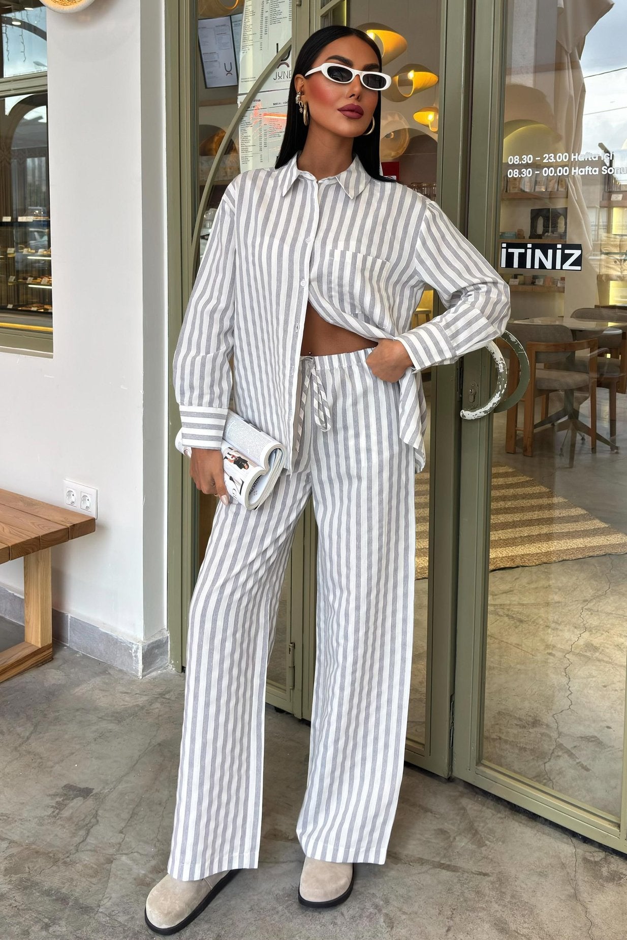 Casual Striped Suit with Pocket Detail Silver