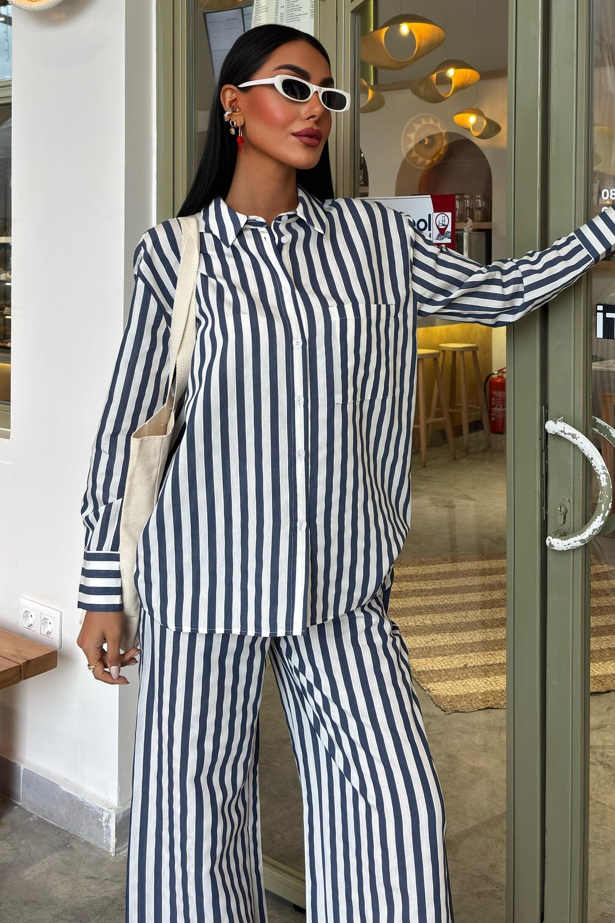 Casual Striped Suit with Pocket Detail Black