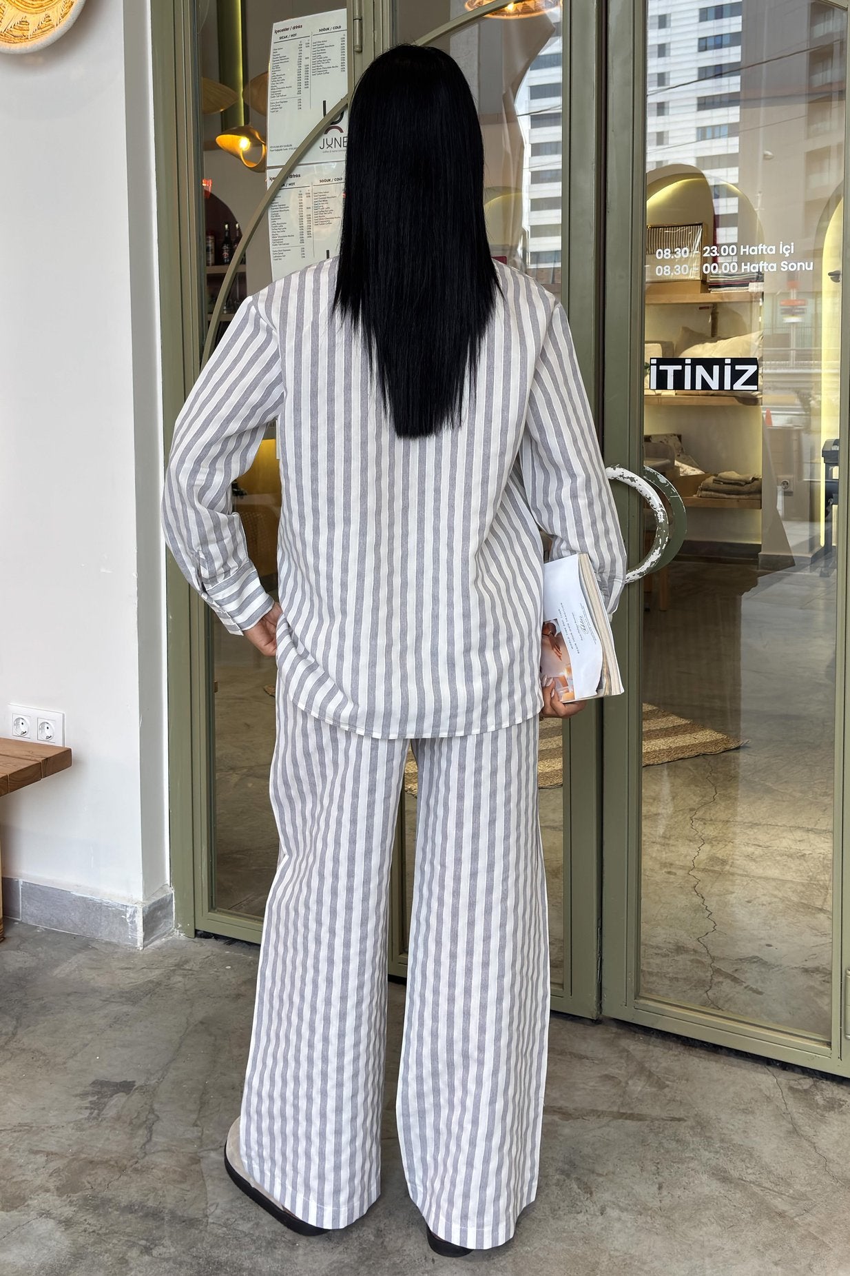 Casual Striped Suit with Pocket Detail Silver