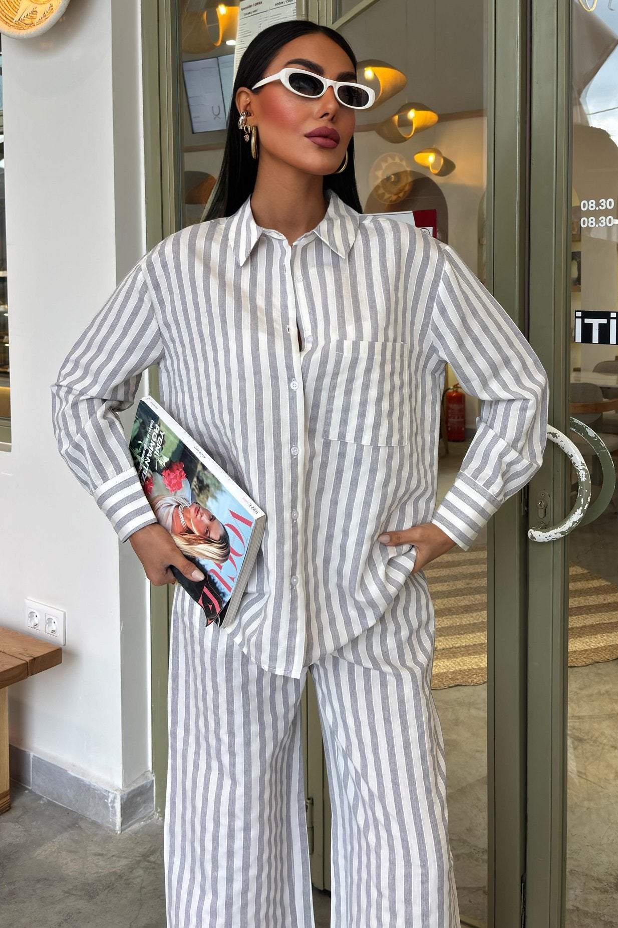 Casual Striped Suit with Pocket Detail Silver