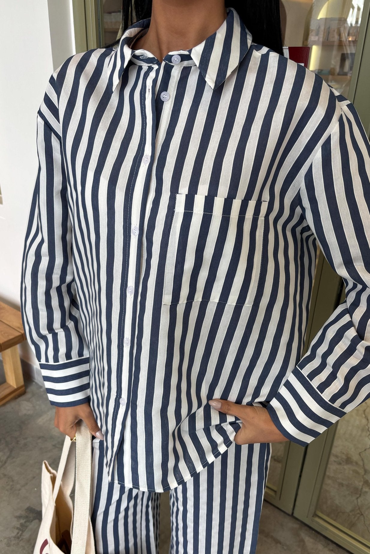 Casual Striped Suit with Pocket Detail Black