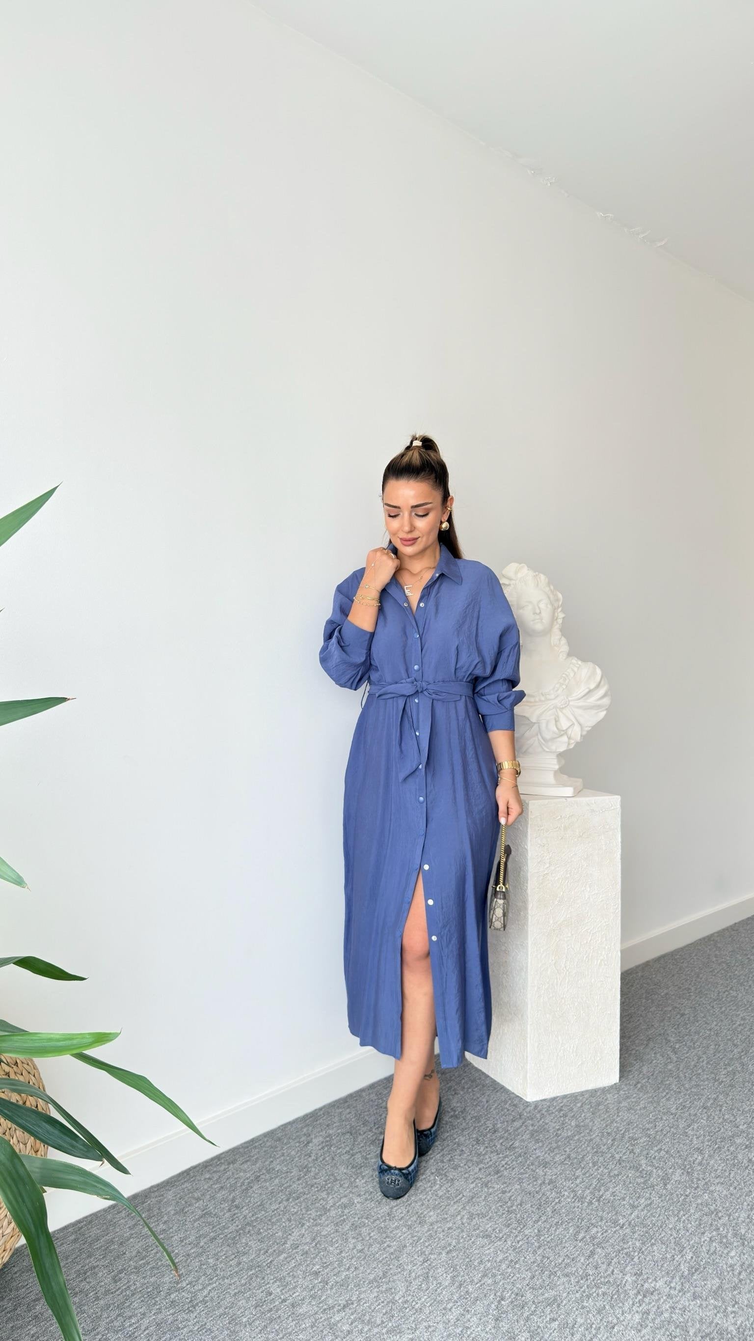 Navy Blue Serna Orj Brand Snap Button Tencel Dress