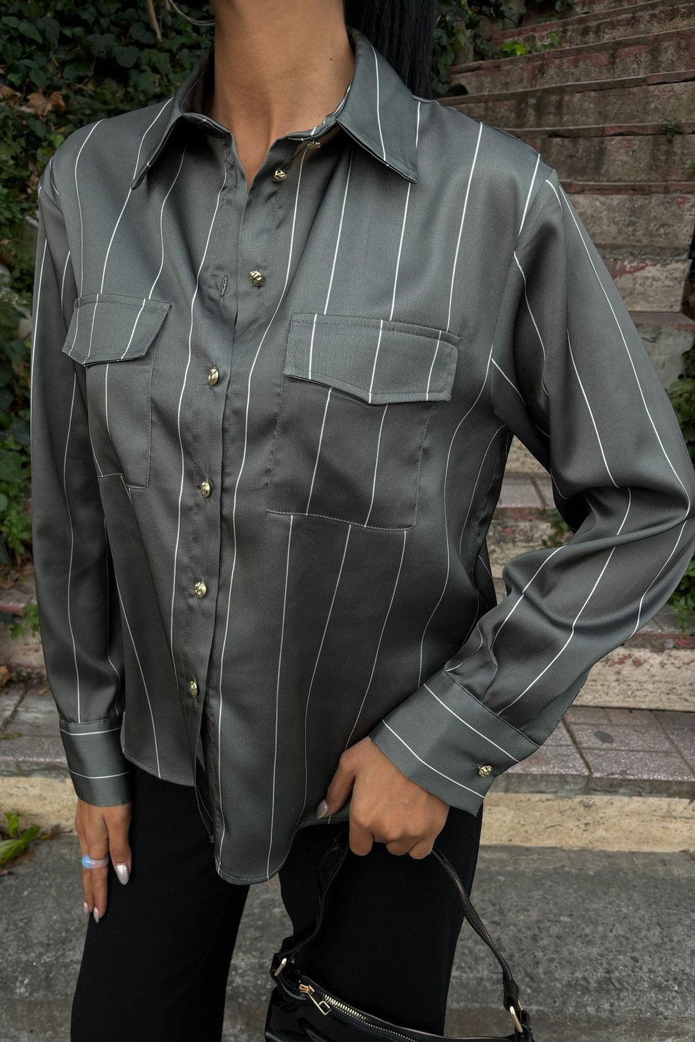 Chanel Satin Premium Striped  Grey Shirt