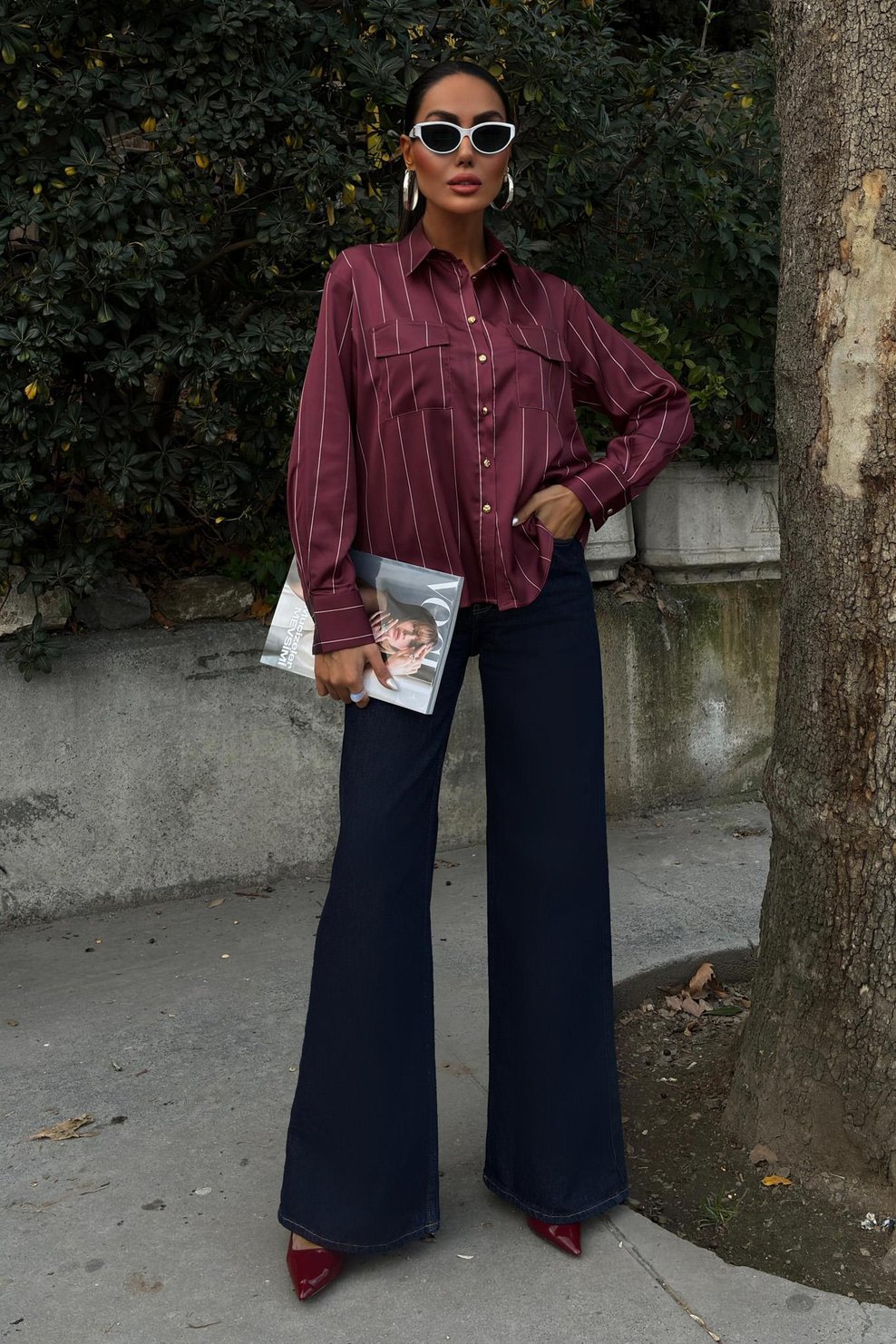 Chanel Satin Premium Striped Maroom Shirt