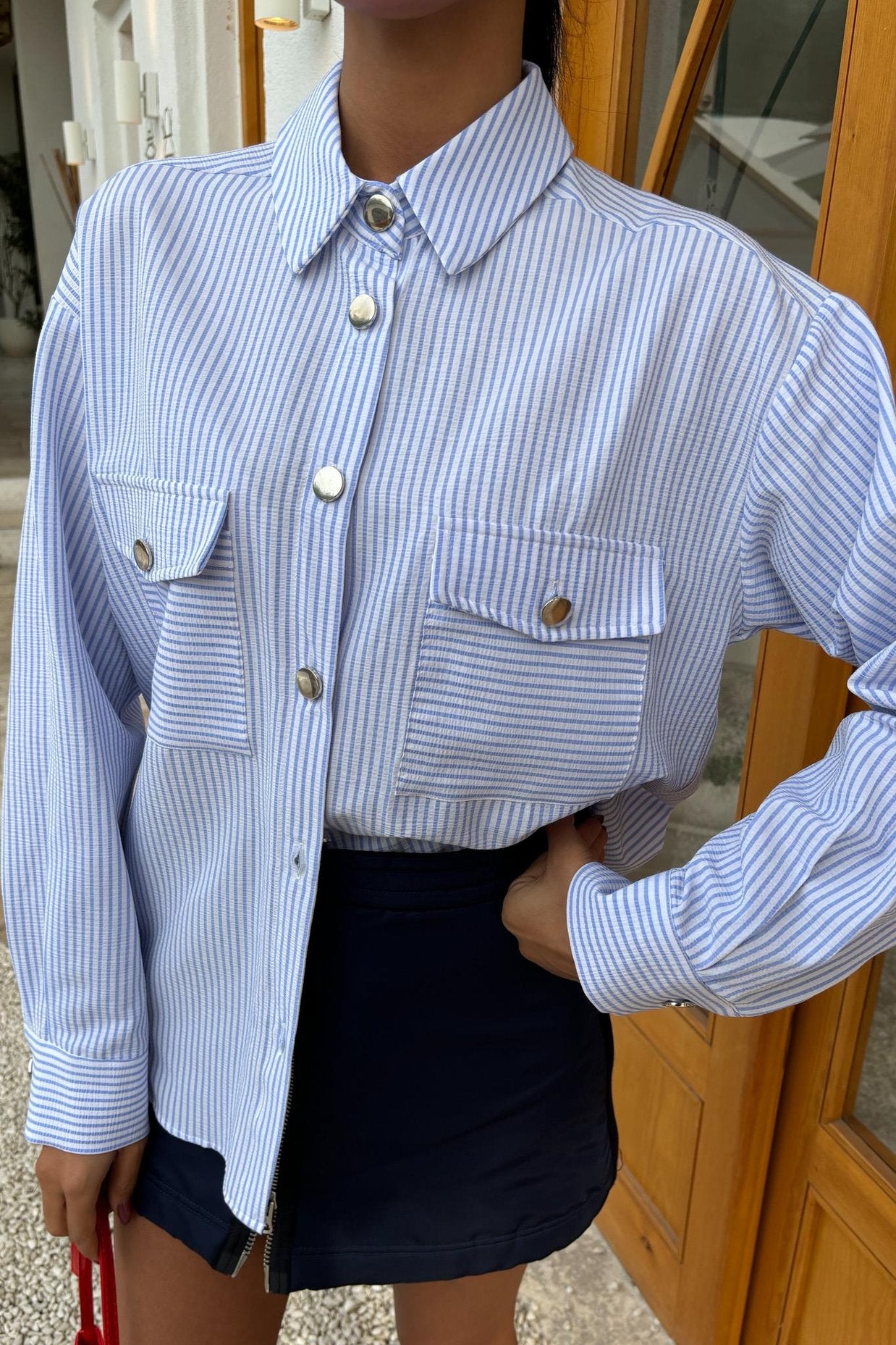 Striped Seersucker Metal Buttoned Shirt