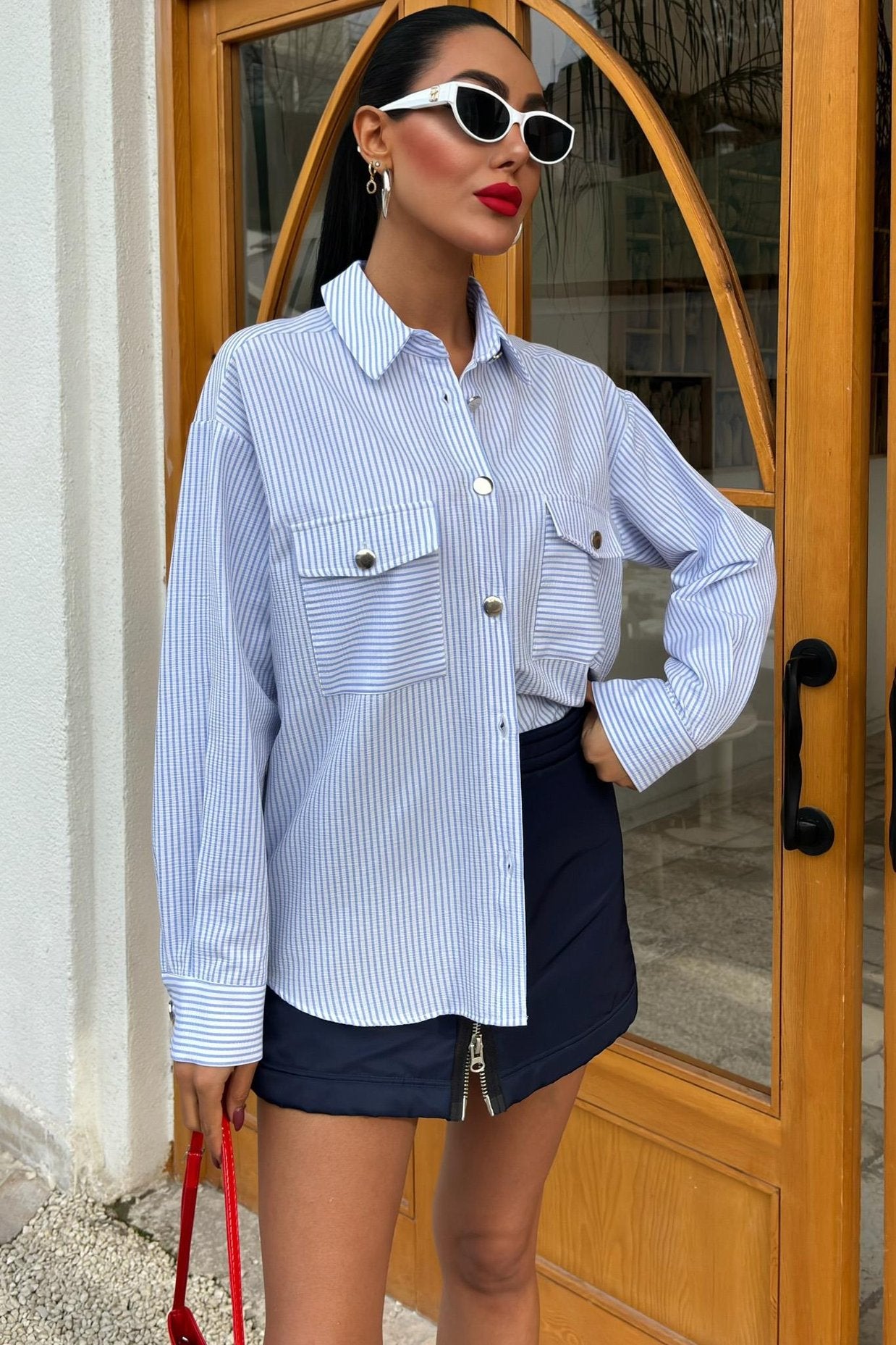 Striped Seersucker Metal Buttoned Shirt