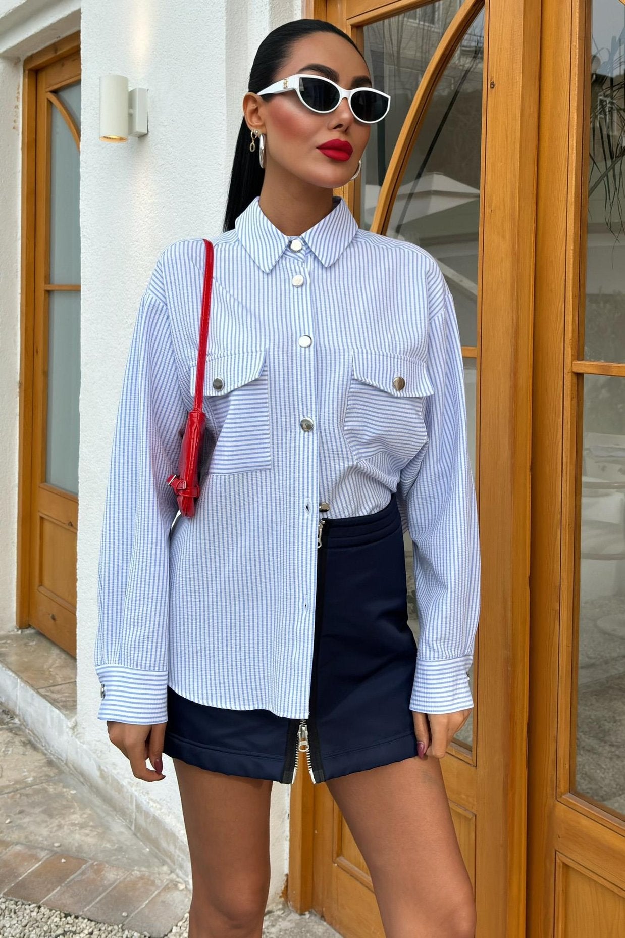 Striped Seersucker Metal Buttoned Shirt