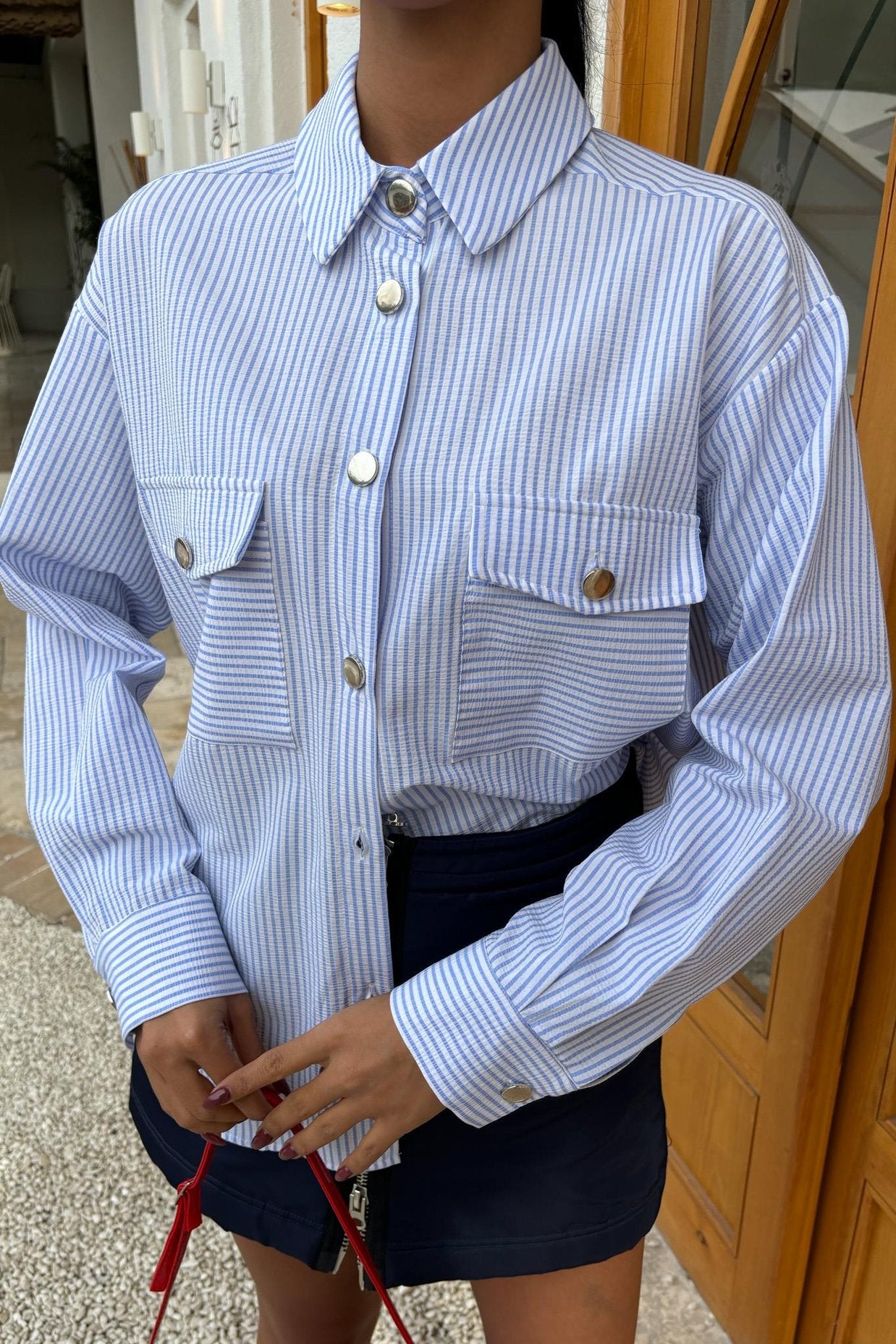 Striped Seersucker Metal Buttoned Shirt