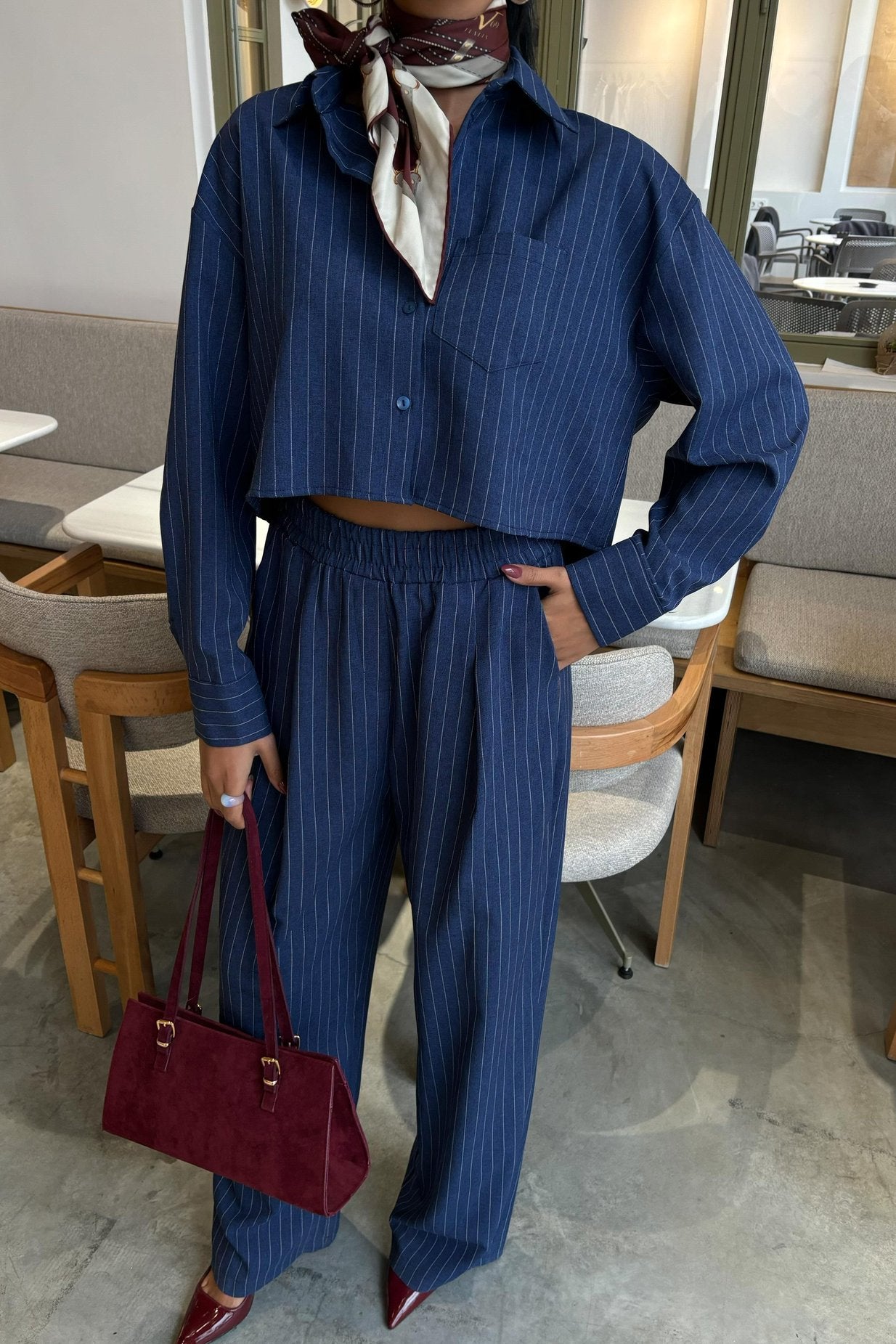 Striped Suit with Crop Shirt Blue