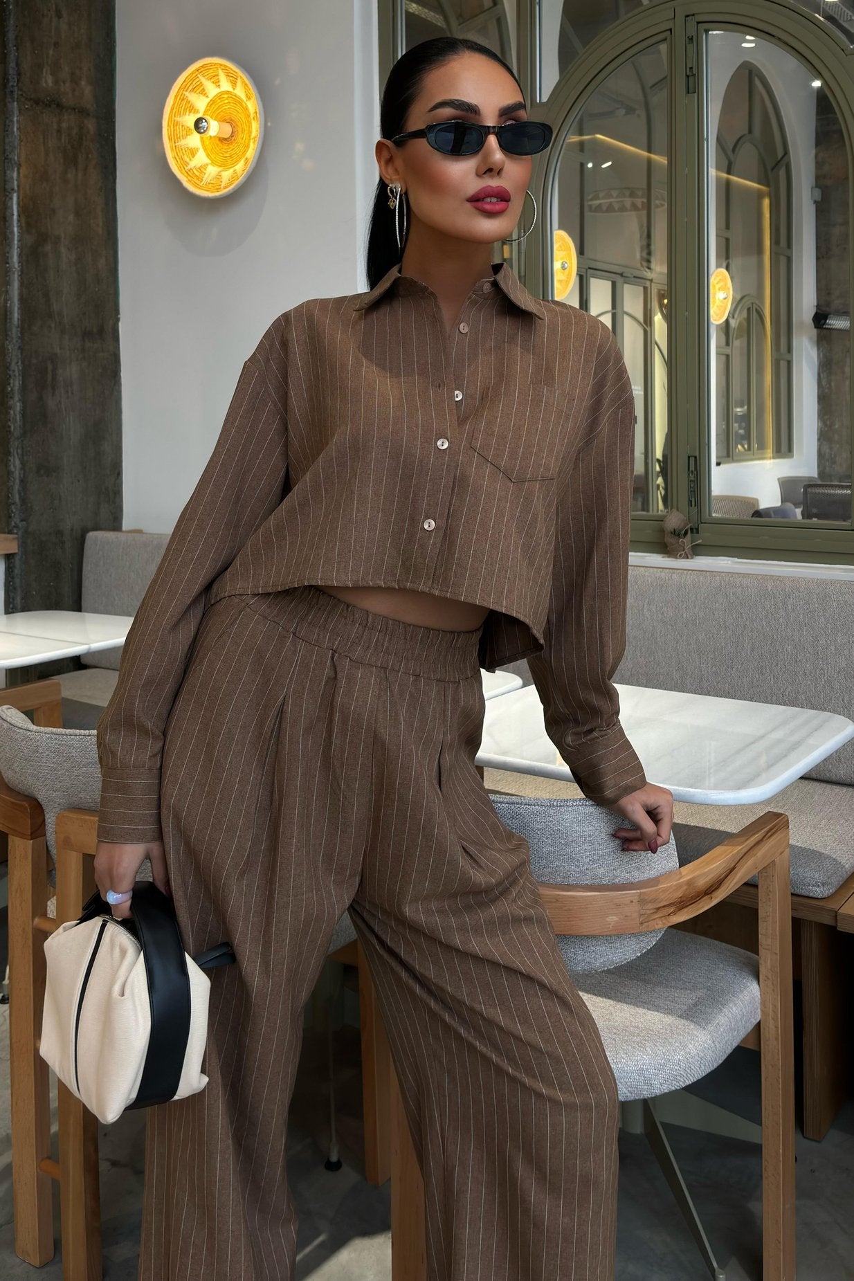 Striped Suit with Crop Shirt Brown