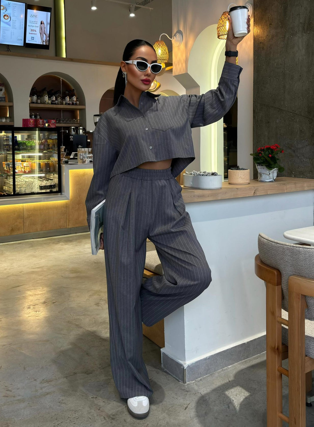 Striped Suit with Crop Shirt Grey