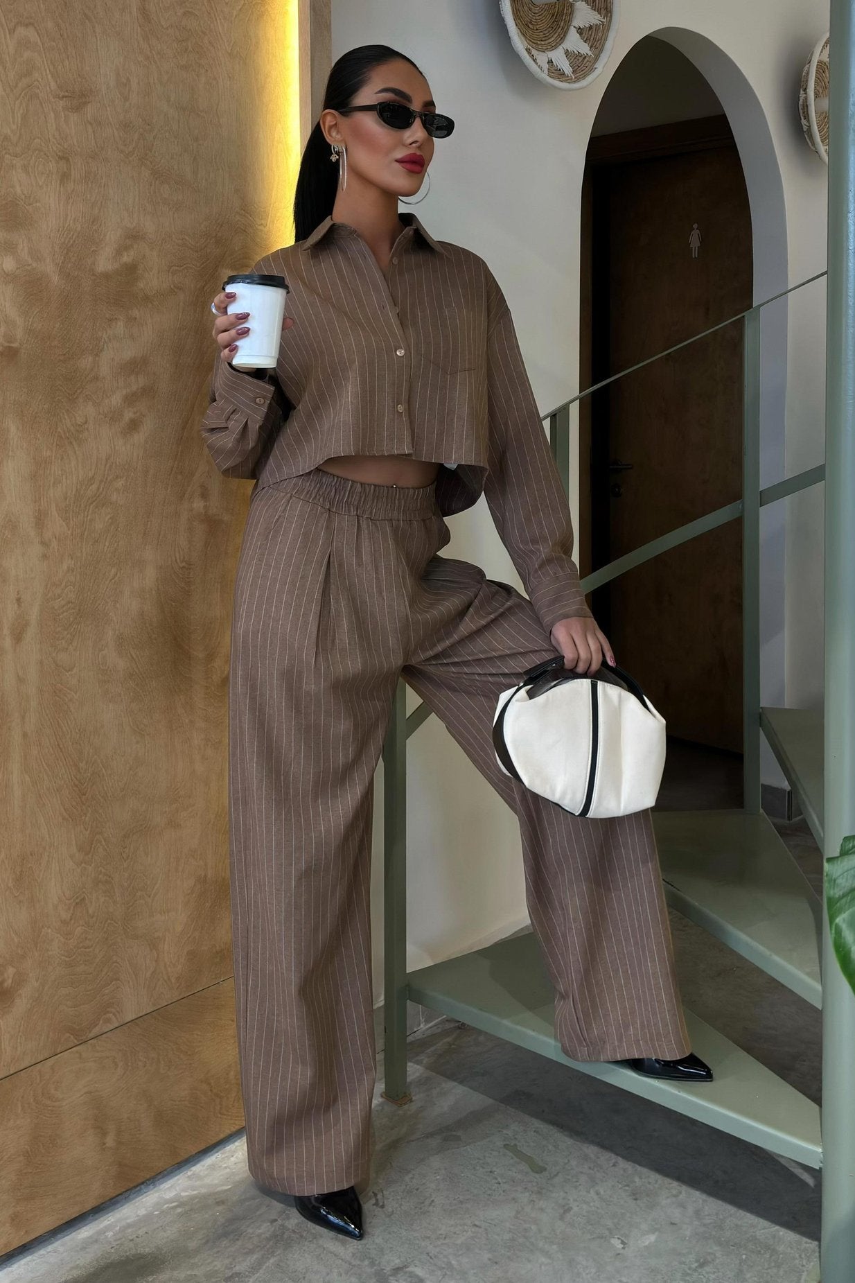Striped Suit with Crop Shirt Brown