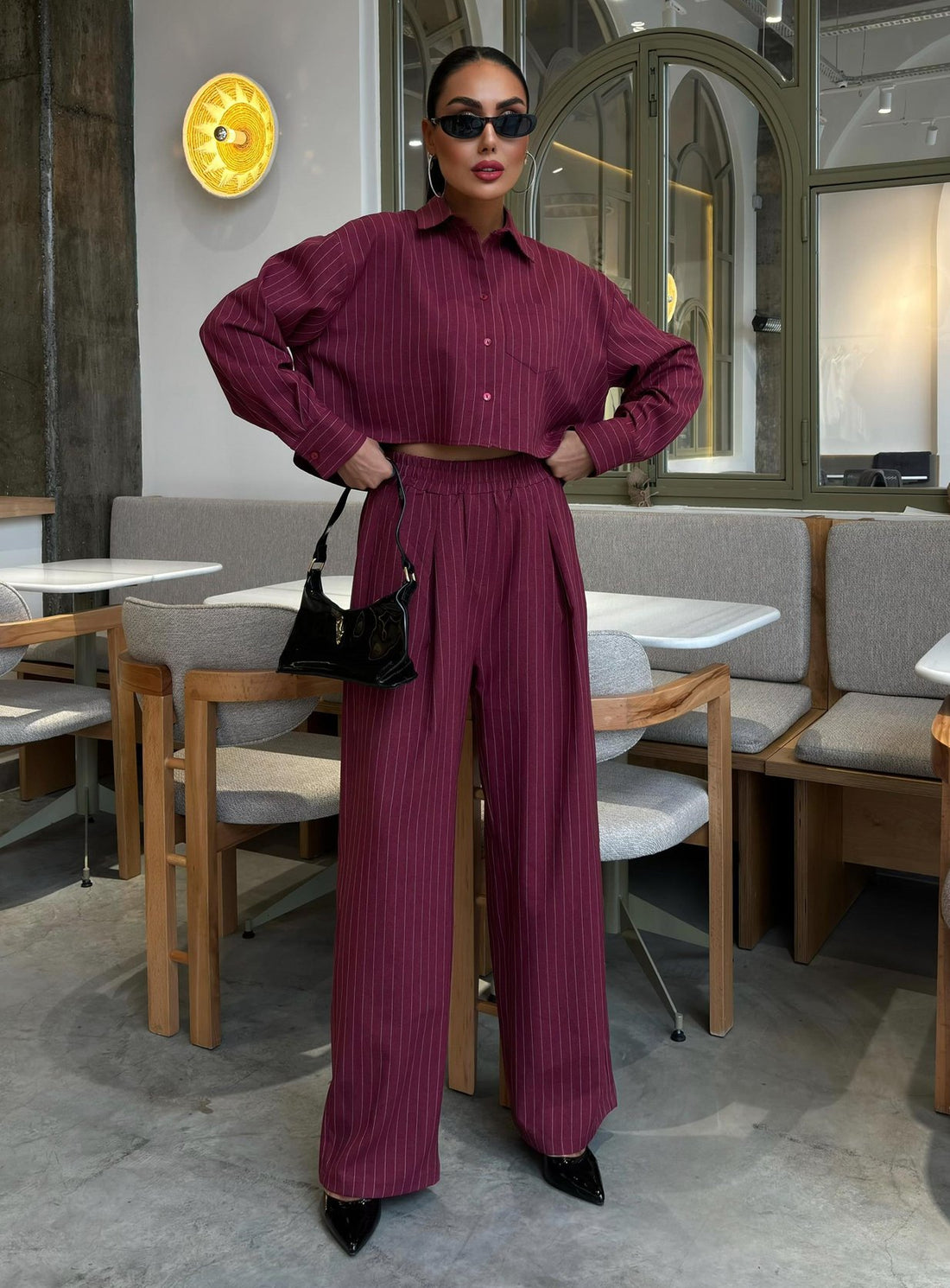 Striped Suit with Crop Shirt Wine