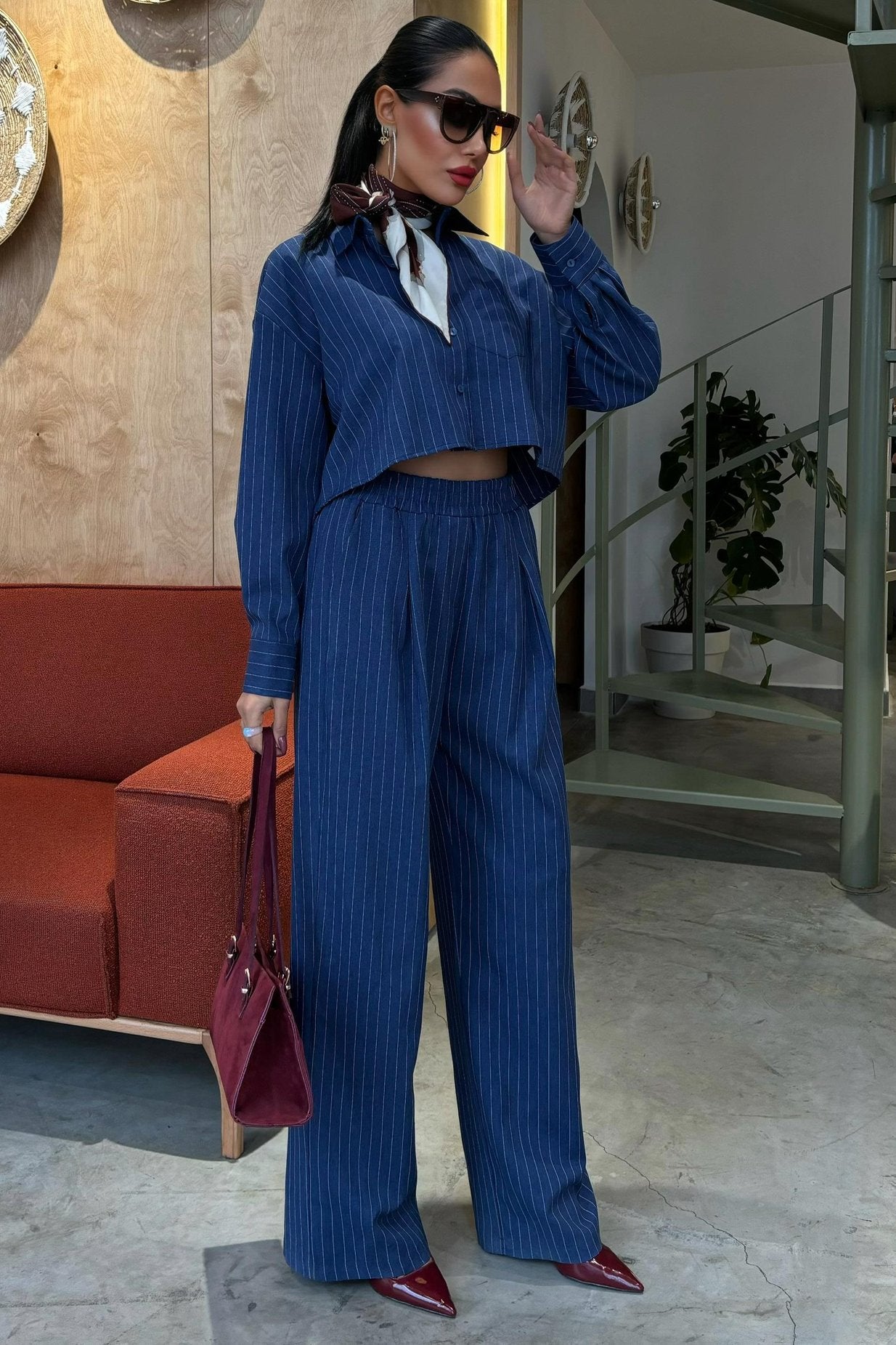 Striped Suit with Crop Shirt Blue