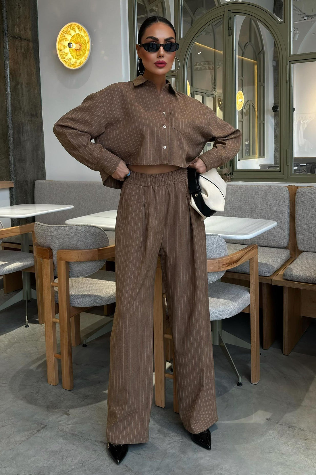 Striped Suit with Crop Shirt Brown