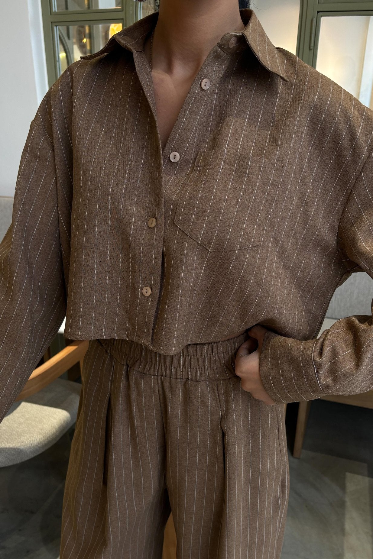 Striped Suit with Crop Shirt Brown