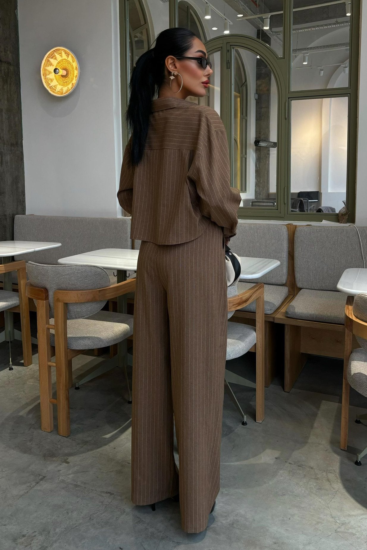 Striped Suit with Crop Shirt Brown