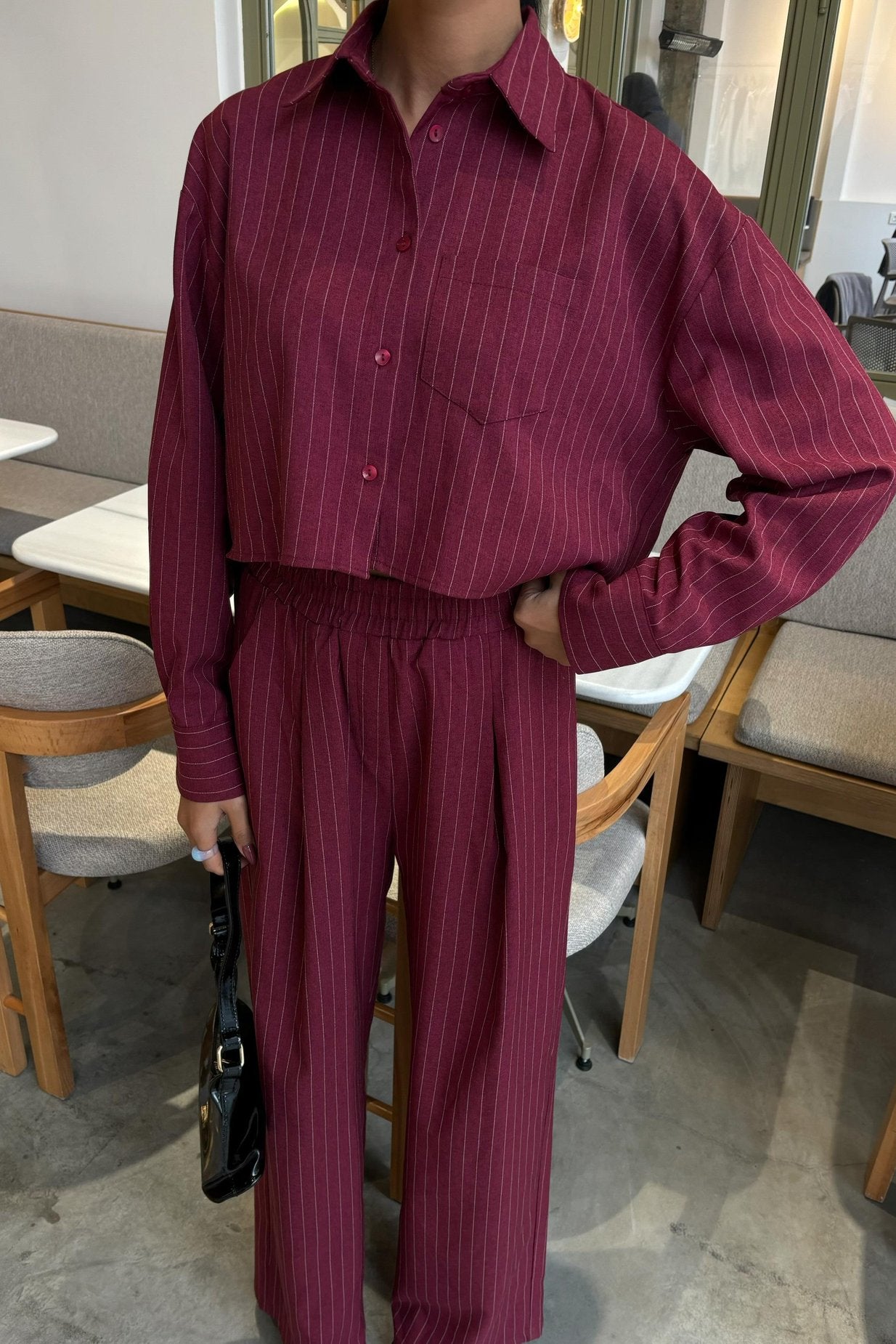 Striped Suit with Crop Shirt Wine