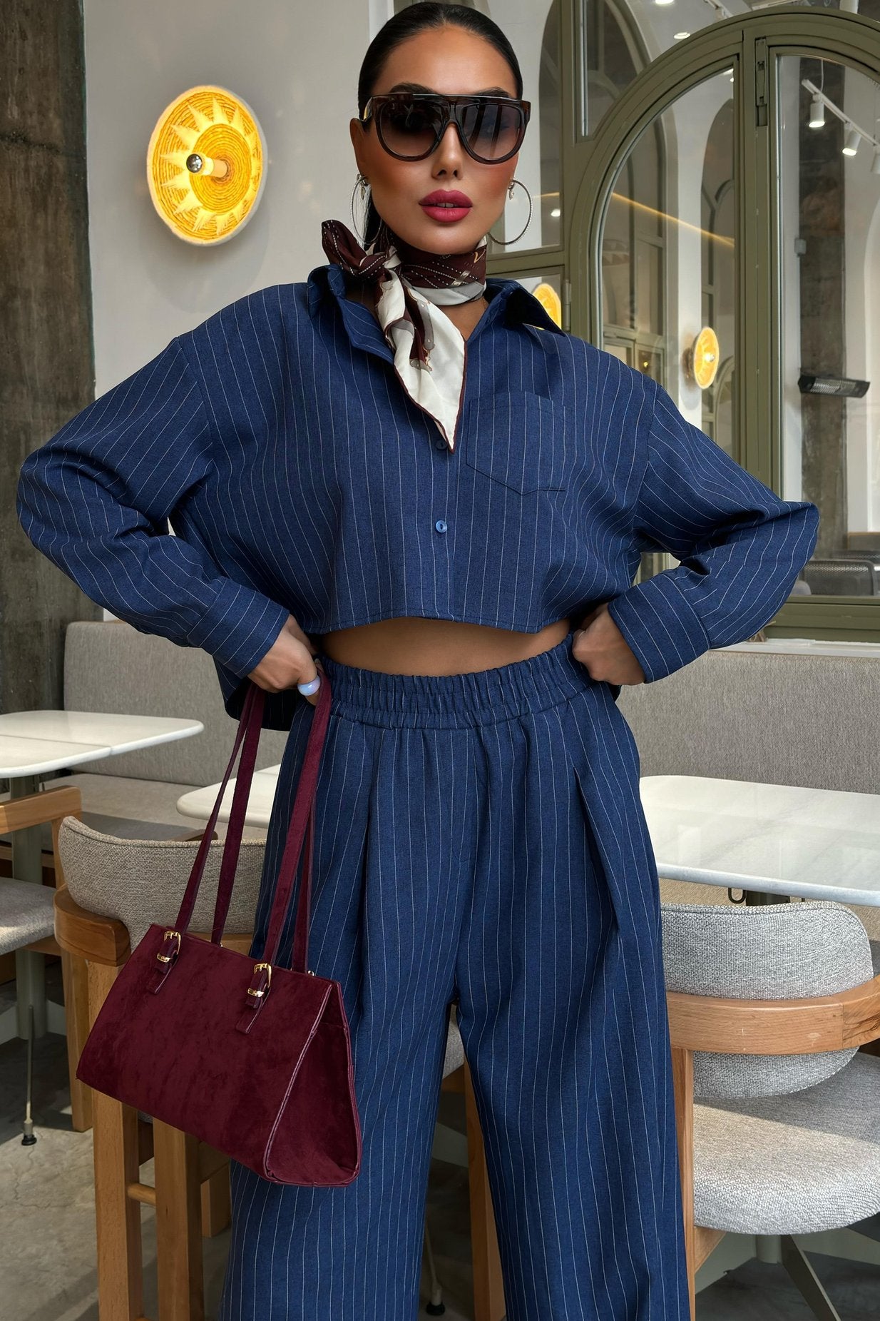 Striped Suit with Crop Shirt Blue