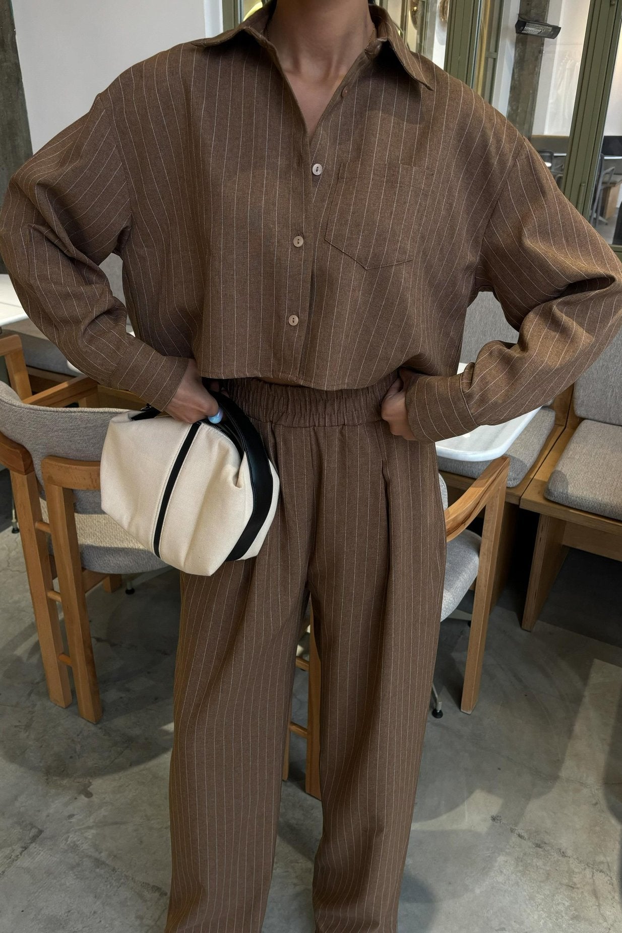 Striped Suit with Crop Shirt Brown