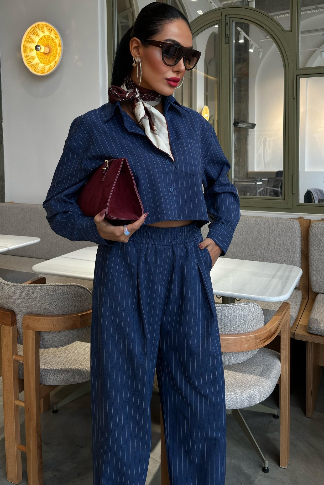 Striped Suit with Crop Shirt Blue
