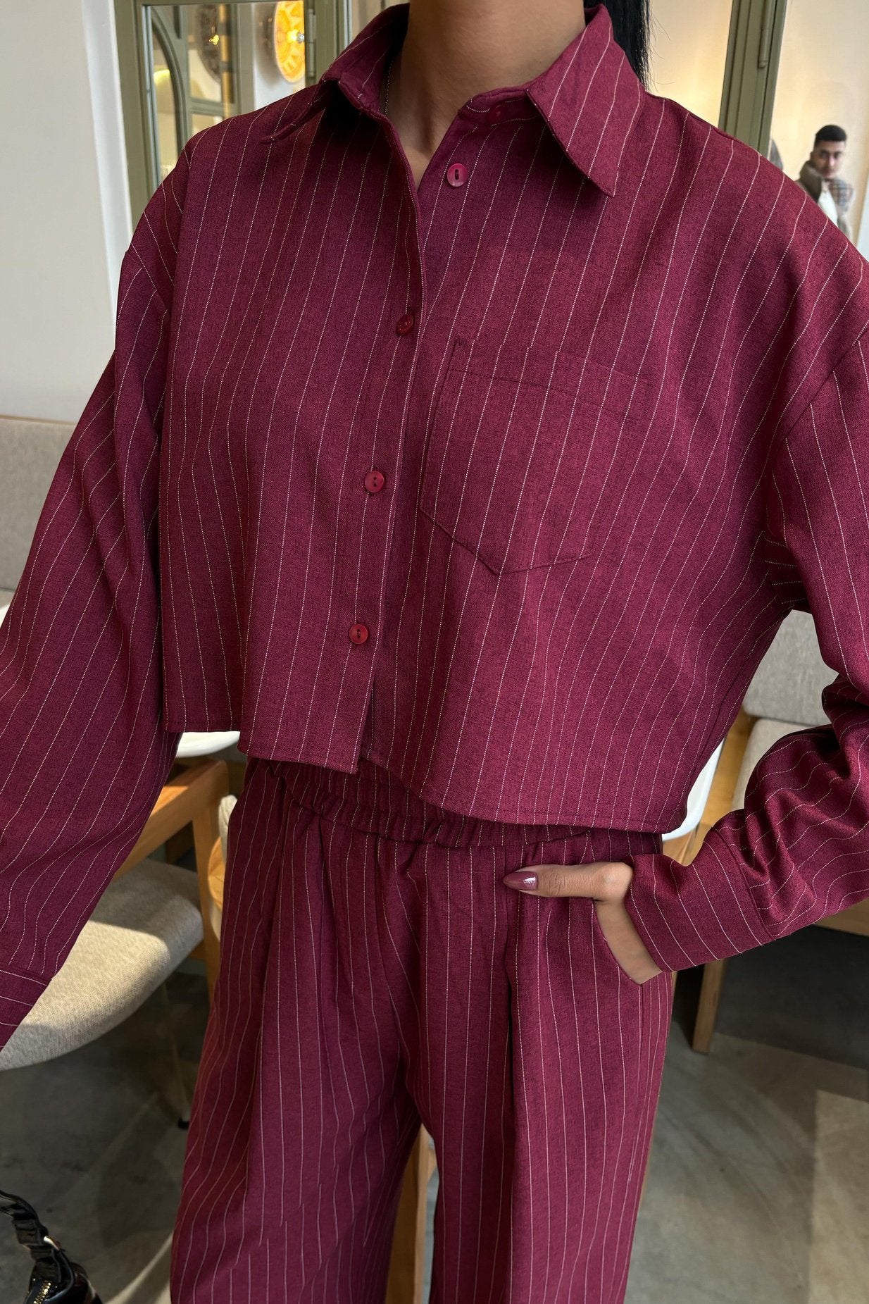 Striped Suit with Crop Shirt Wine
