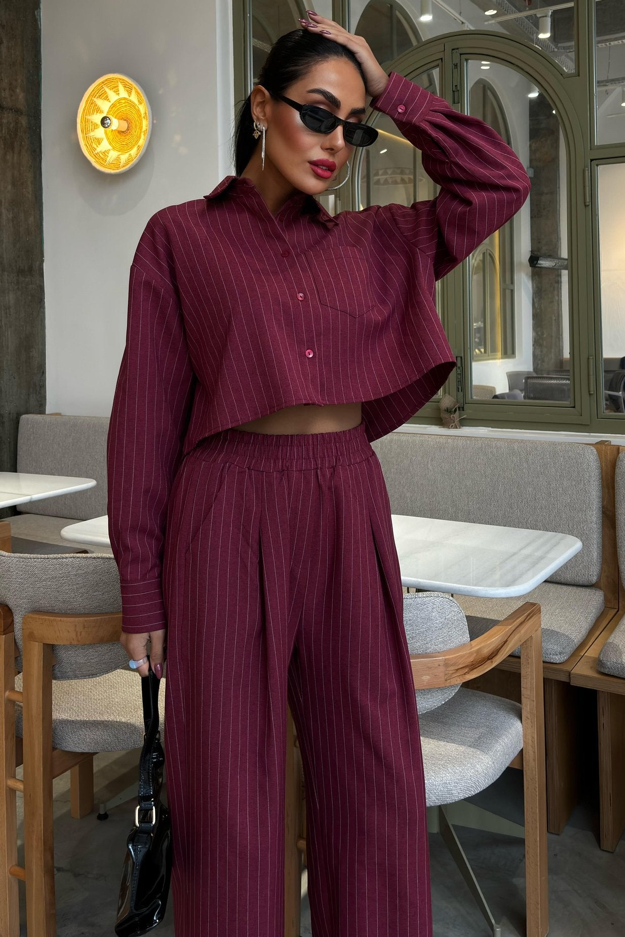 Striped Suit with Crop Shirt Wine