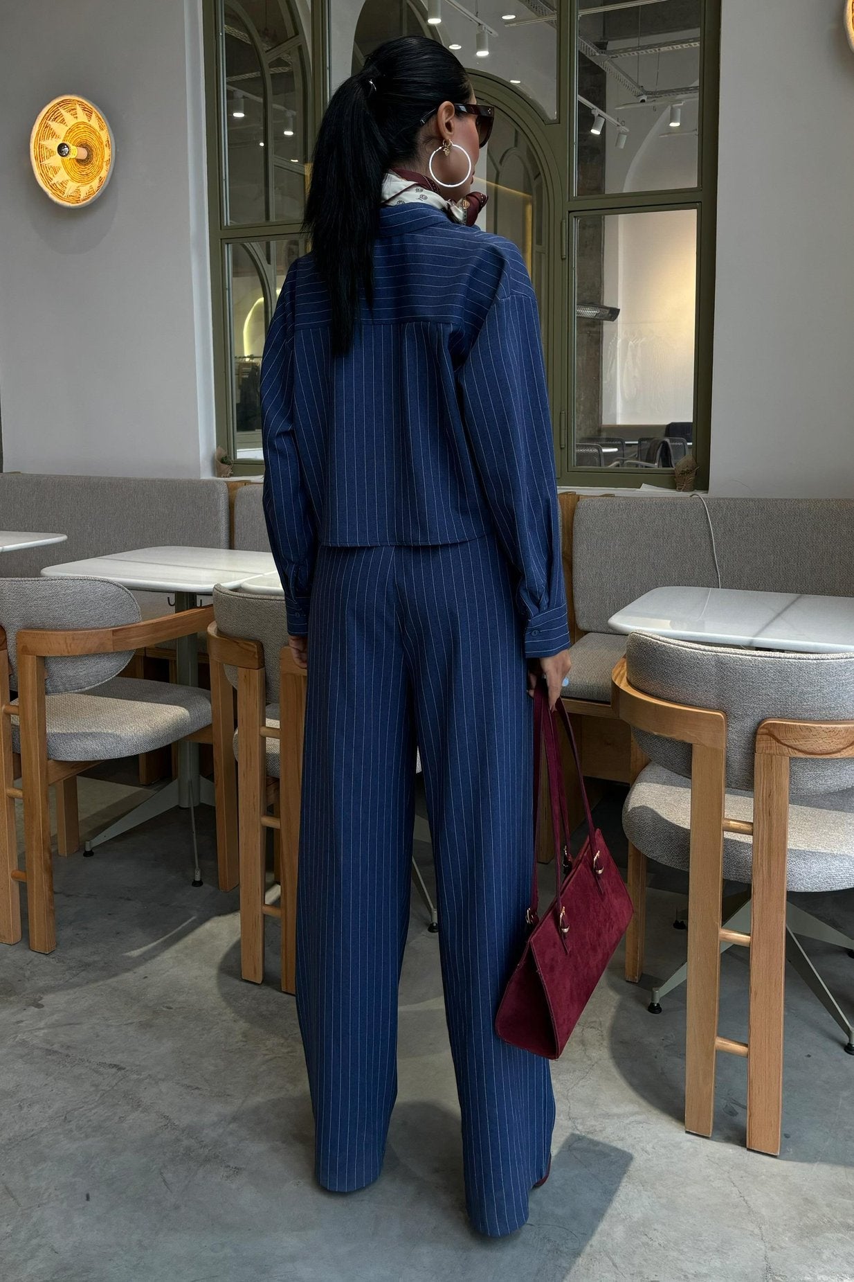 Striped Suit with Crop Shirt Blue