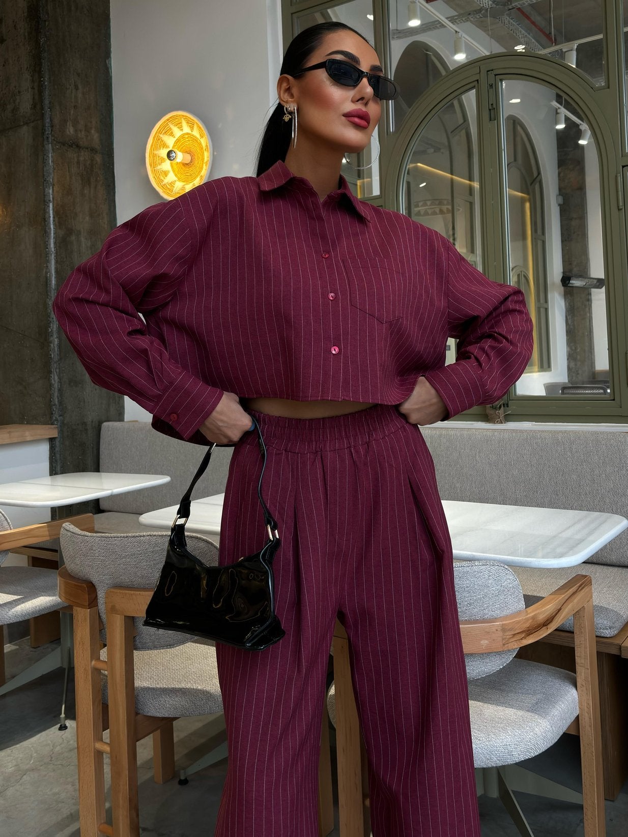 Striped Suit with Crop Shirt Wine