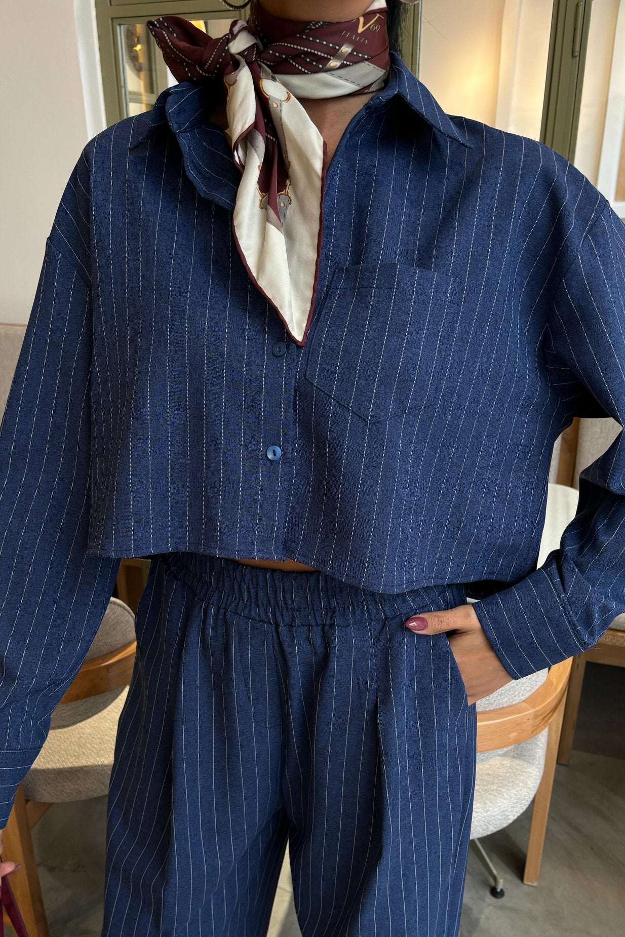 Striped Suit with Crop Shirt Blue