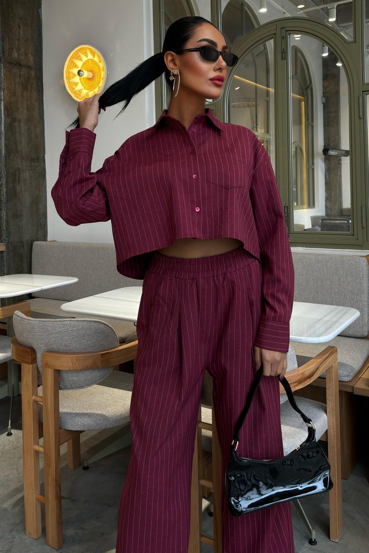 Striped Suit with Crop Shirt Wine