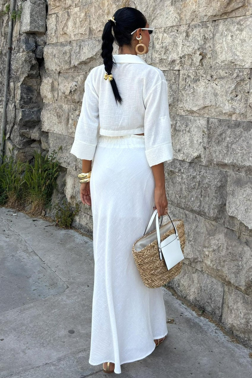 Crop Shirt and Pleated Skirt Design Suit white