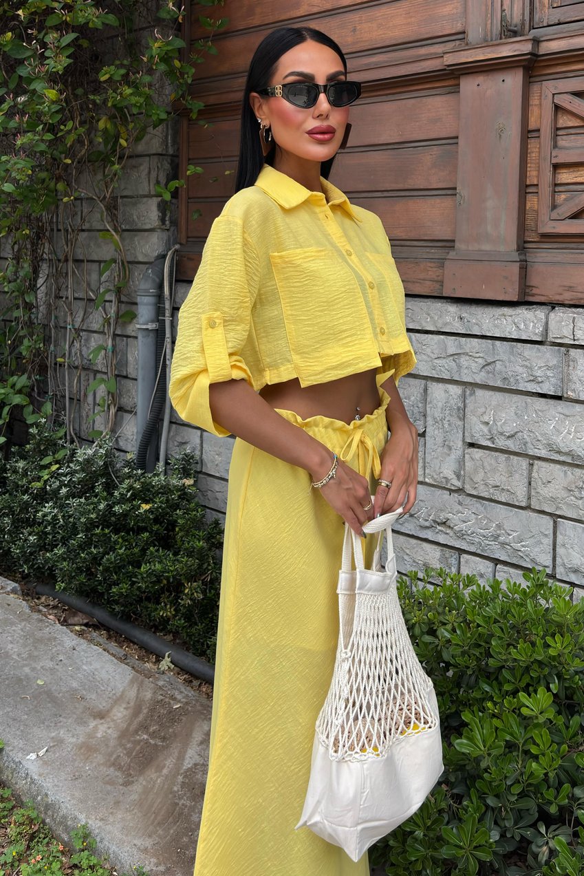 Crop Shirt and Pleated Skirt Design Suit yellow