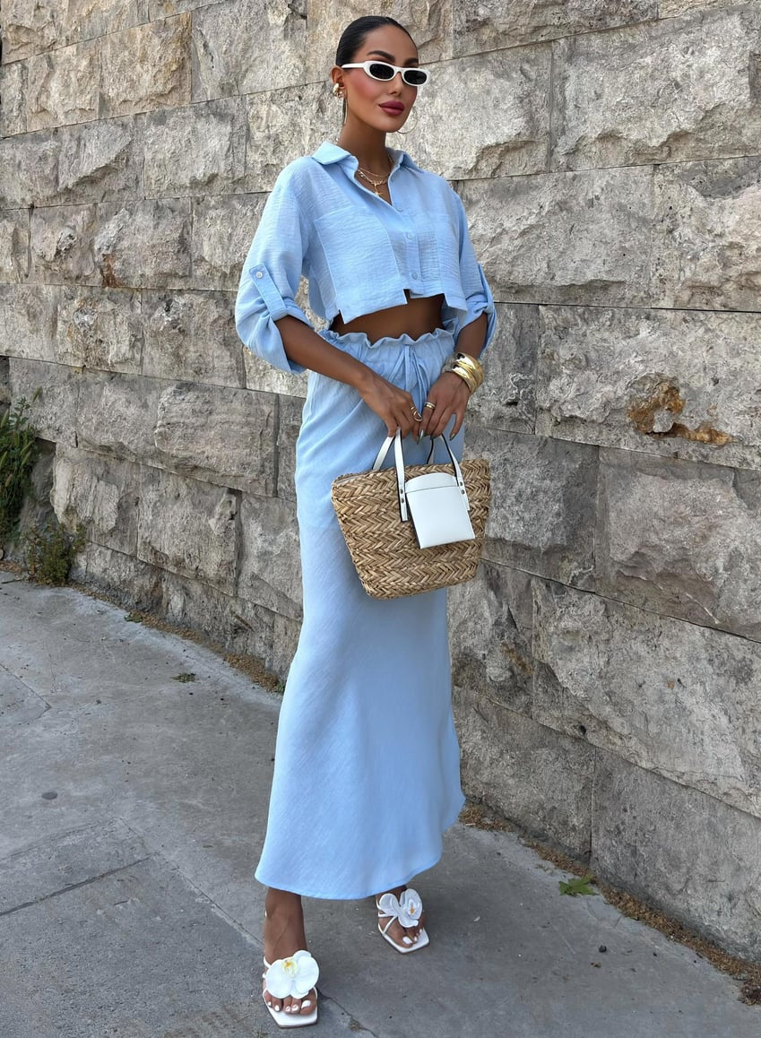 Crop Shirt and Pleated Skirt Design Suit Blue