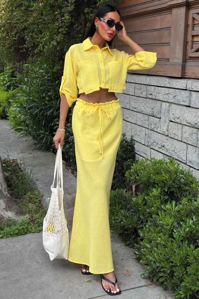 Crop Shirt and Pleated Skirt Design Suit yellow