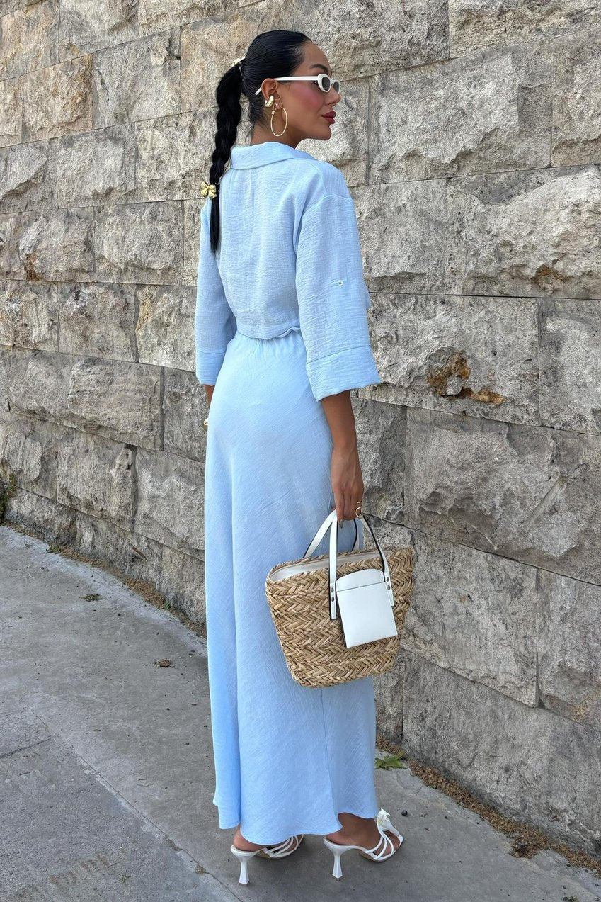 Crop Shirt and Pleated Skirt Design Suit Blue