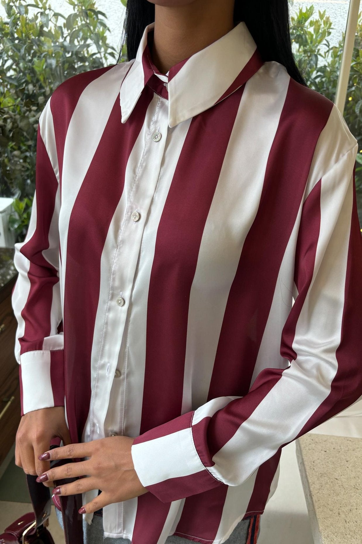 Bar Striped Chiffon Satin Shirt