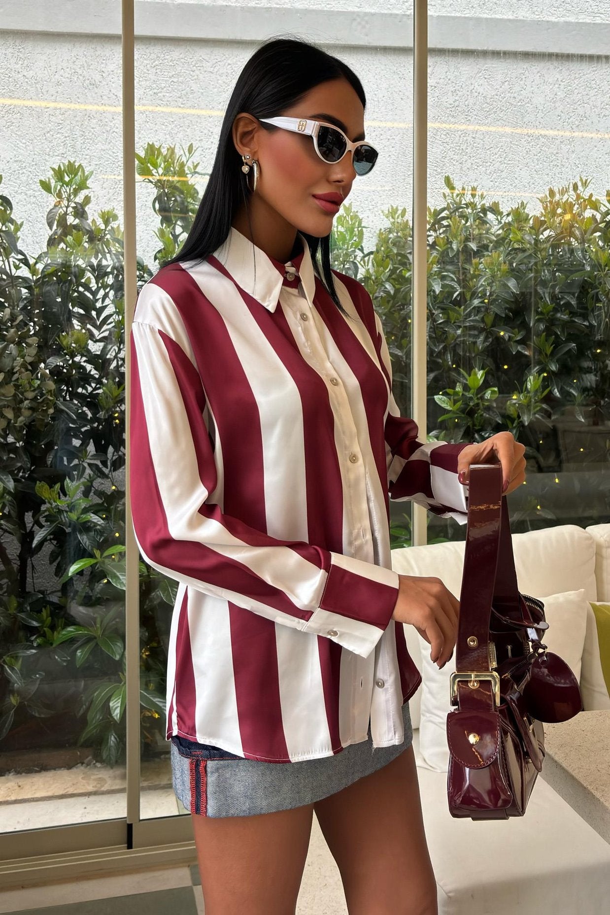 Bar Striped Chiffon Satin Shirt
