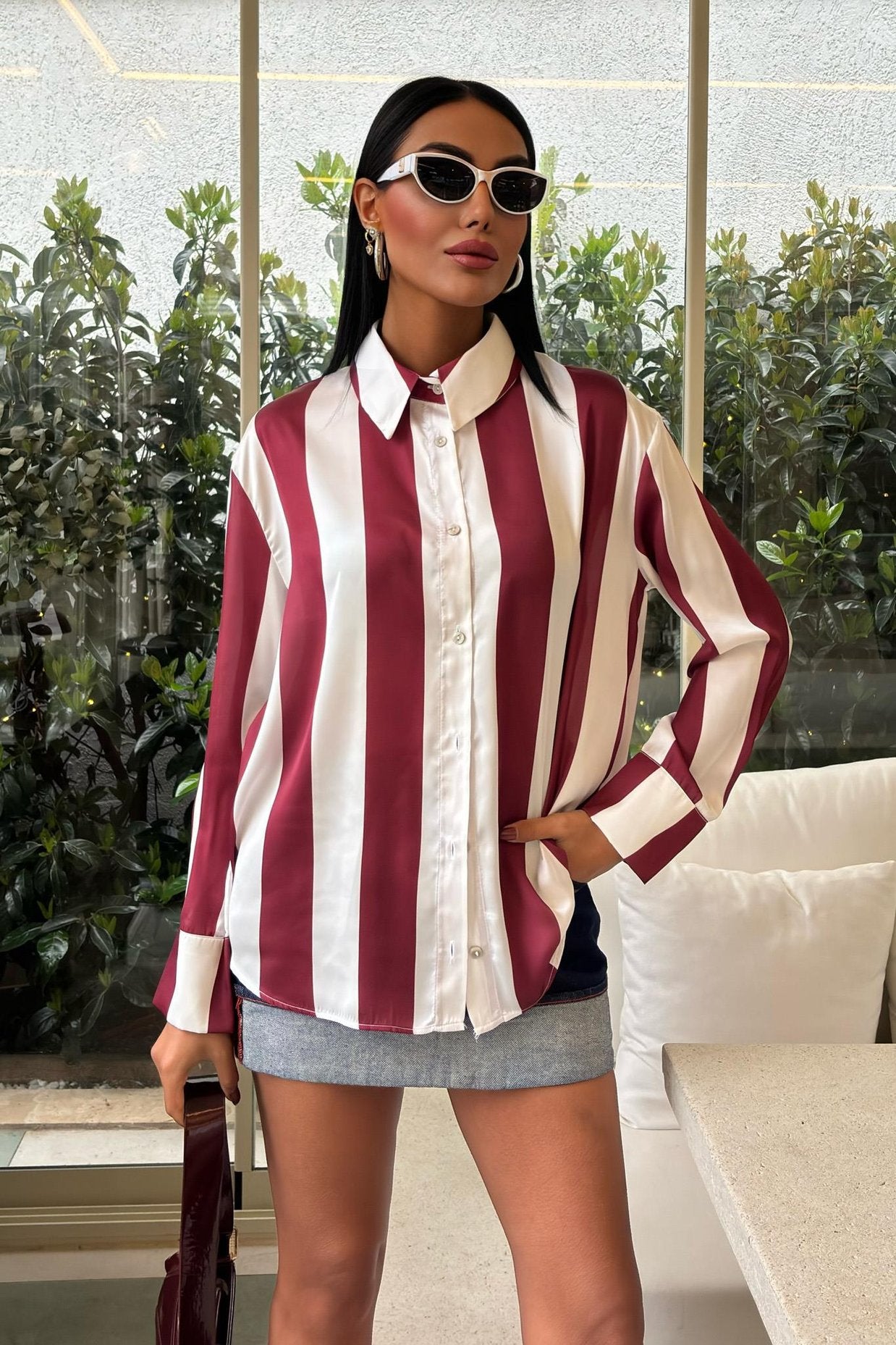 Bar Striped Chiffon Satin Shirt